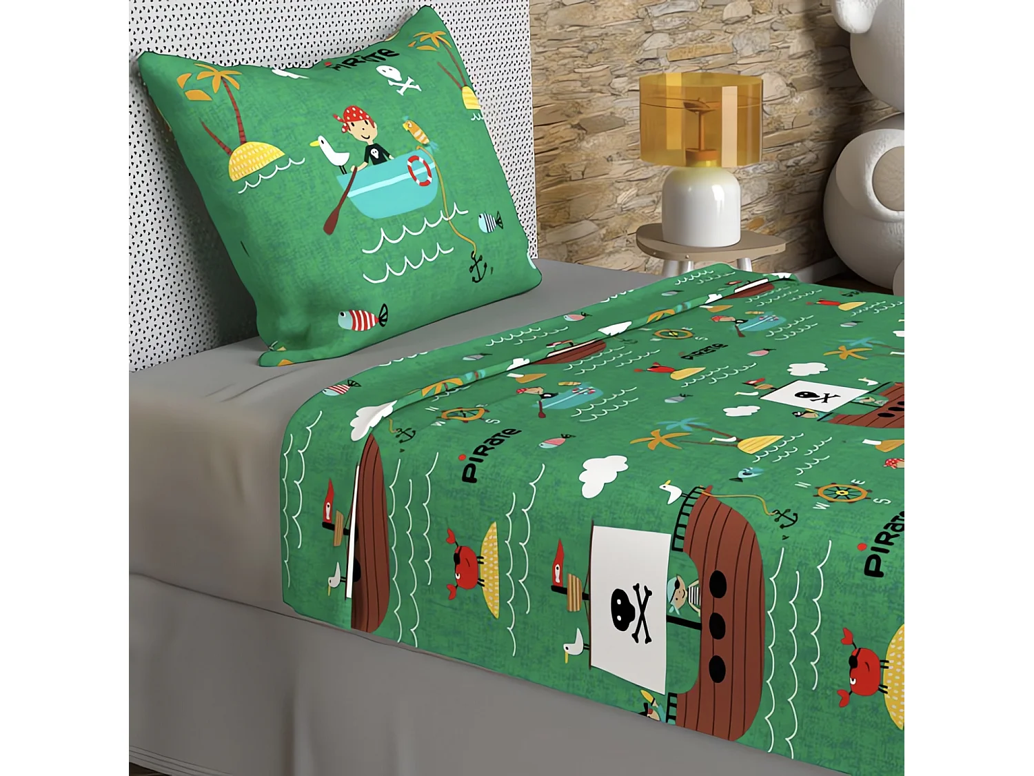 Parure de draps 180x290 cm PIRATES vert, 100% coton 57 fils/cm2, par Soleil d'Ocre