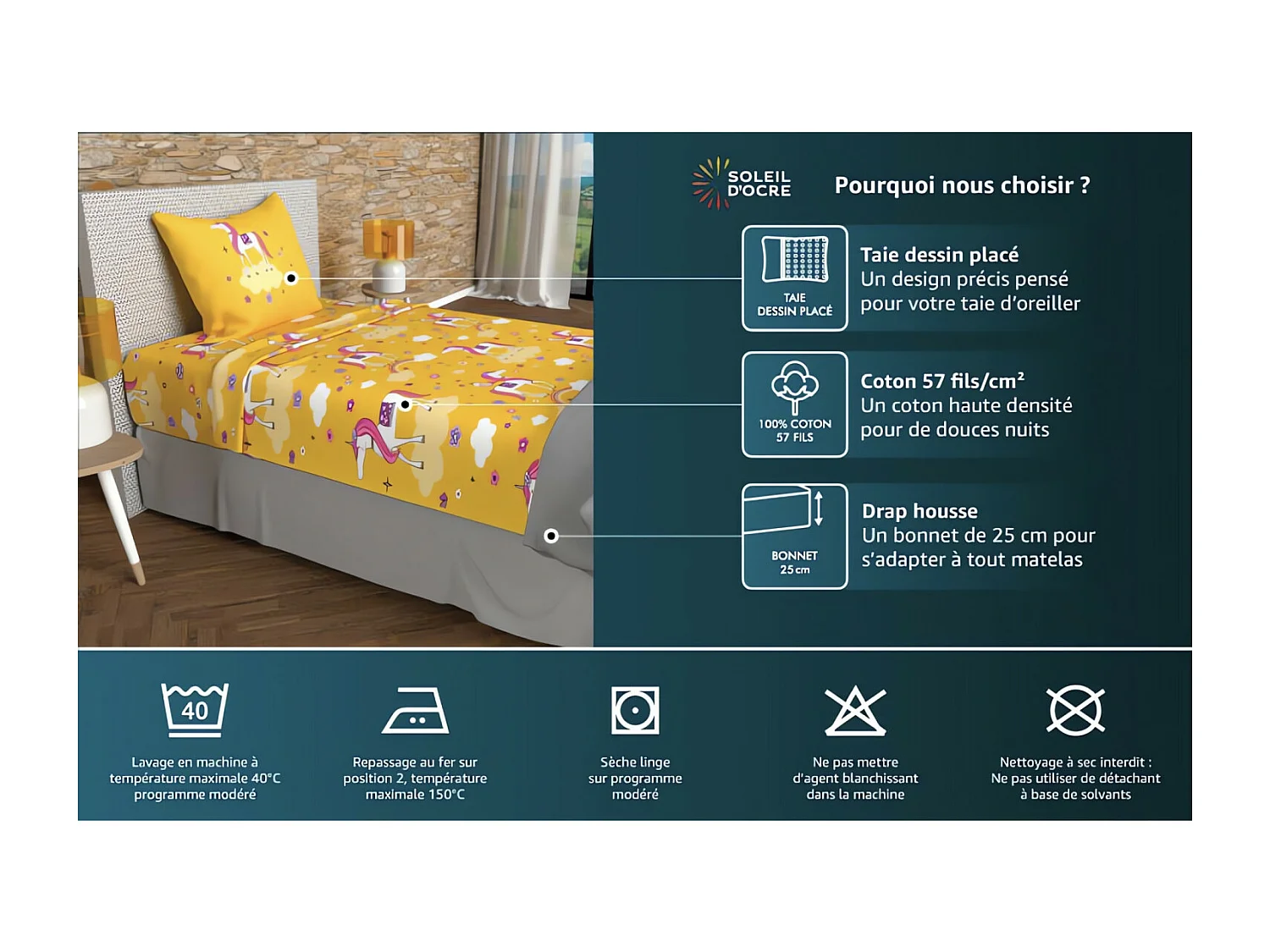 Parure de draps 180x290 cm PIRATES vert, 100% coton 57 fils/cm2, par Soleil d'Ocre