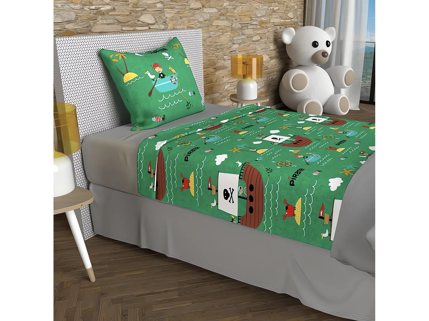 Parure de draps 180x290 cm PIRATES vert, 100% coton 57 fils/cm2, par Soleil d'Ocre