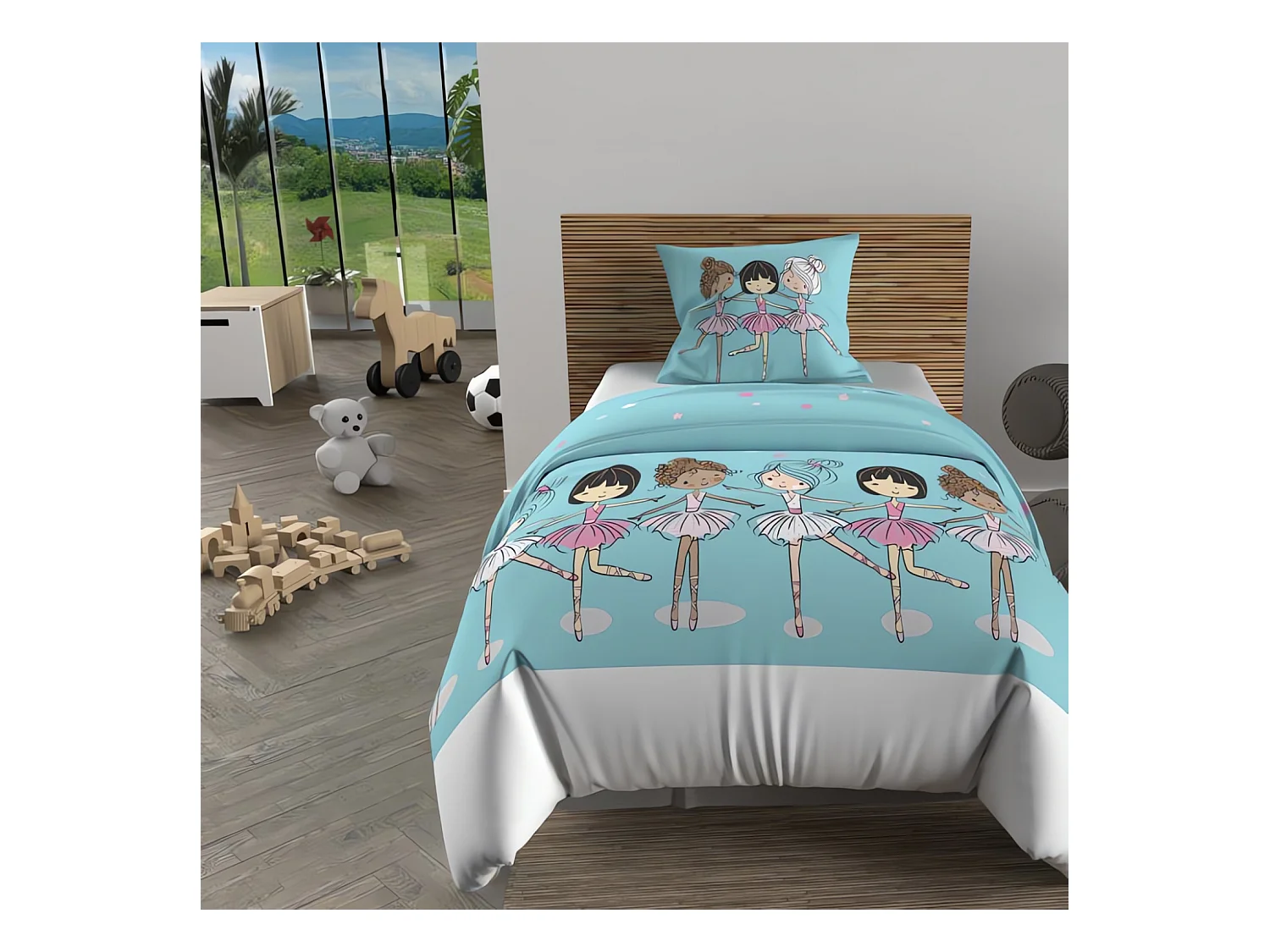 Parure housse de couette 140x200 cm DANSEUSES bleu, 100% coton 57 fils/cm2,