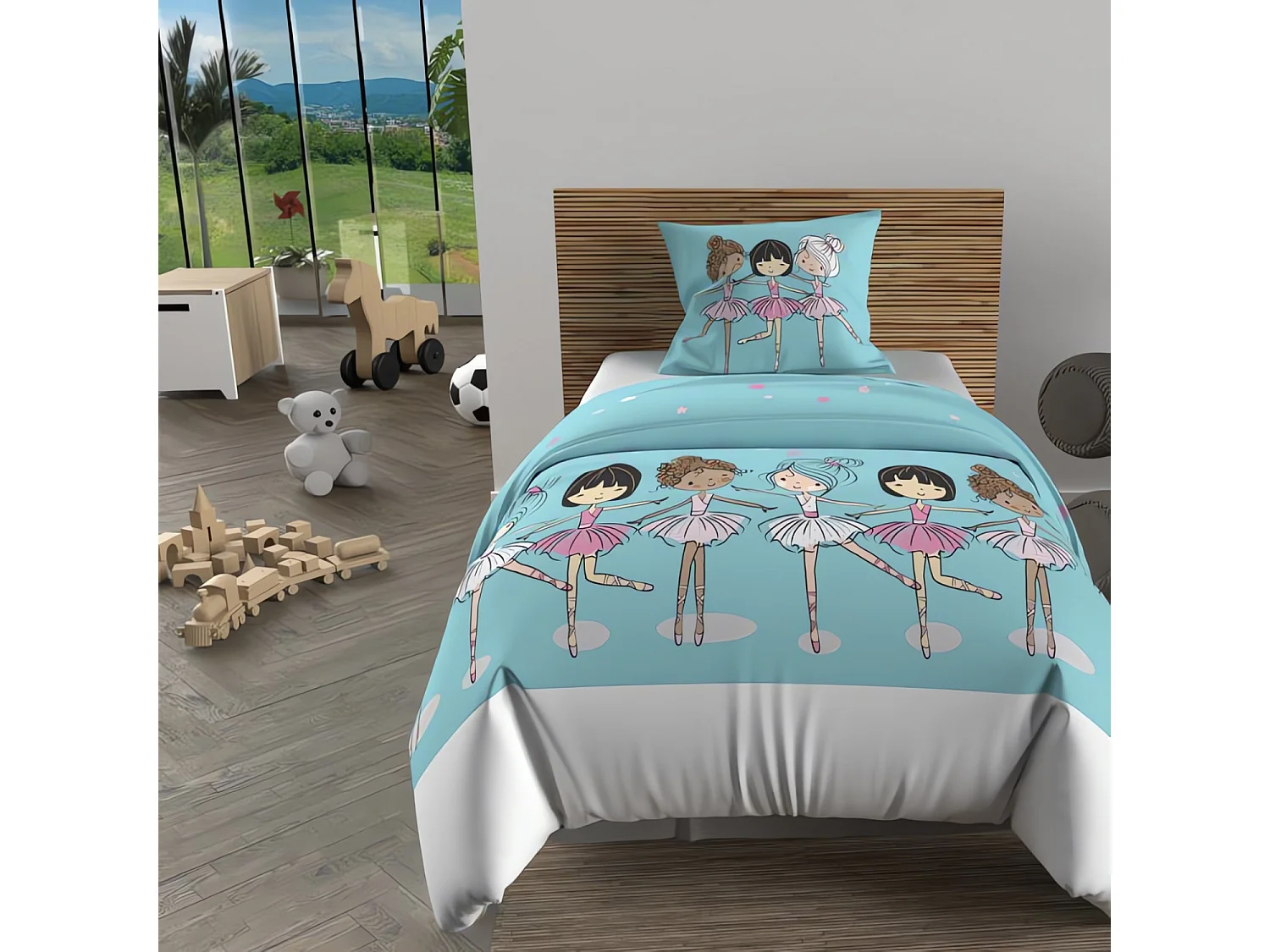 Parure housse de couette 140x200 cm DANSEUSES bleu, 100% coton 57 fils/cm2,