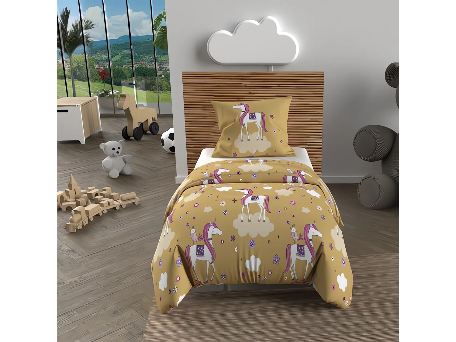 Parure housse de couette 120x150 cm LICORNES jaune, 100% coton 57 fils/cm2, par Soleil d'Ocre