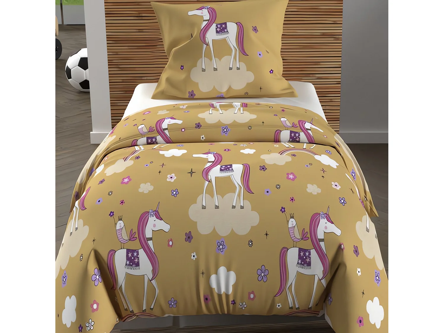 Parure housse de couette 120x150 cm LICORNES jaune, 100% coton 57 fils/cm2, par Soleil d'Ocre