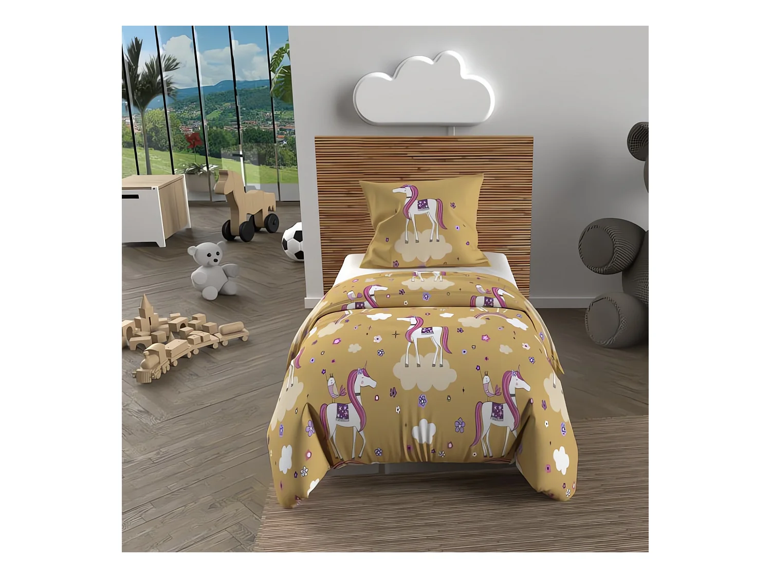 Parure housse de couette 120x150 cm LICORNES jaune, 100% coton 57 fils/cm2, par Soleil d'Ocre