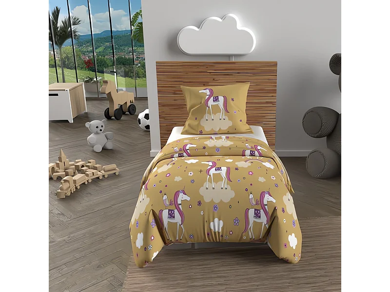 Parure housse de couette 120x150 cm LICORNES jaune, 100% coton 57 fils/cm2, par Soleil d'Ocre