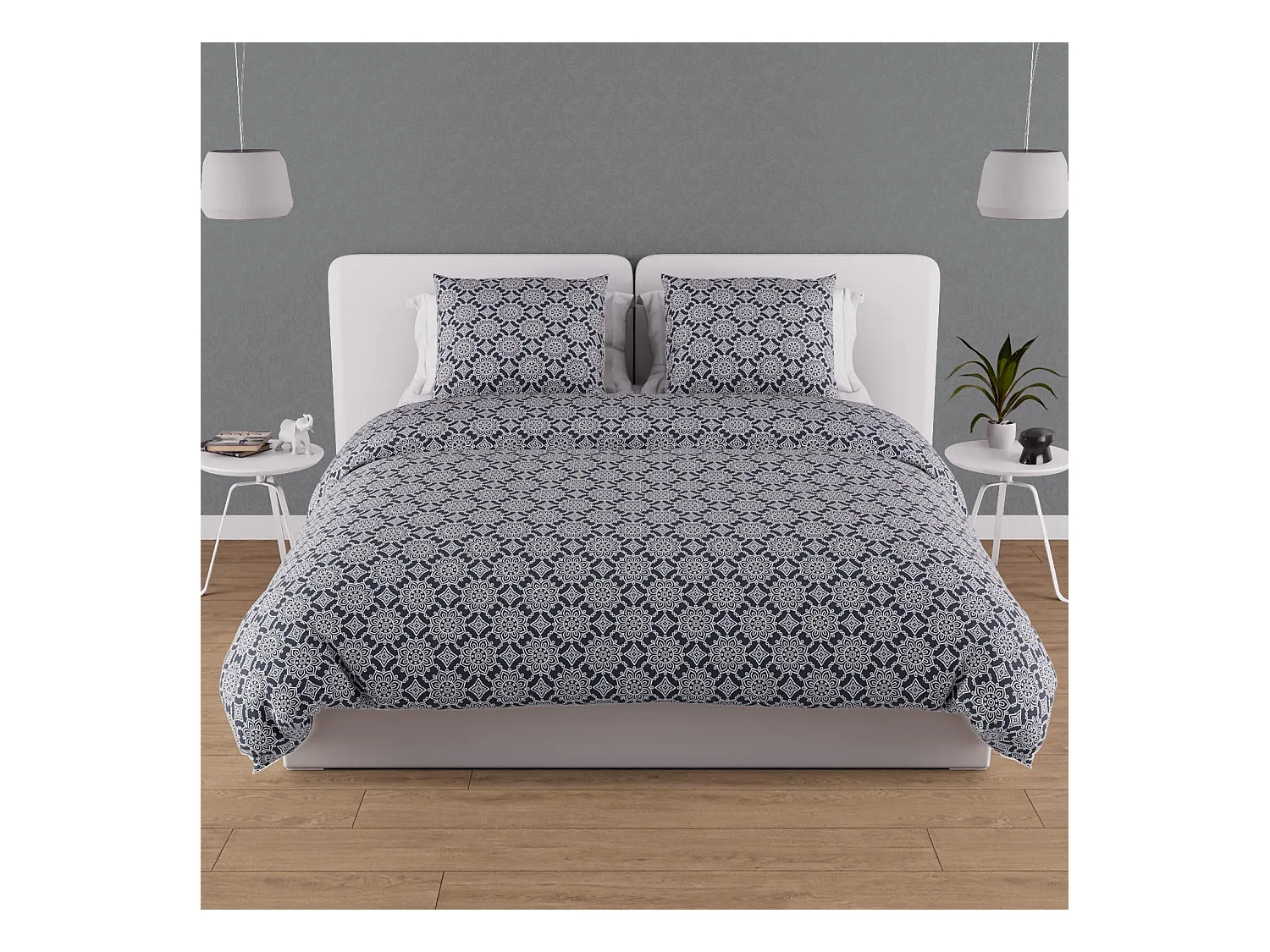 Parure housse de couette en coton 57 fils 240x220 cm ESMERALDA marine, par Soleil d'ocre