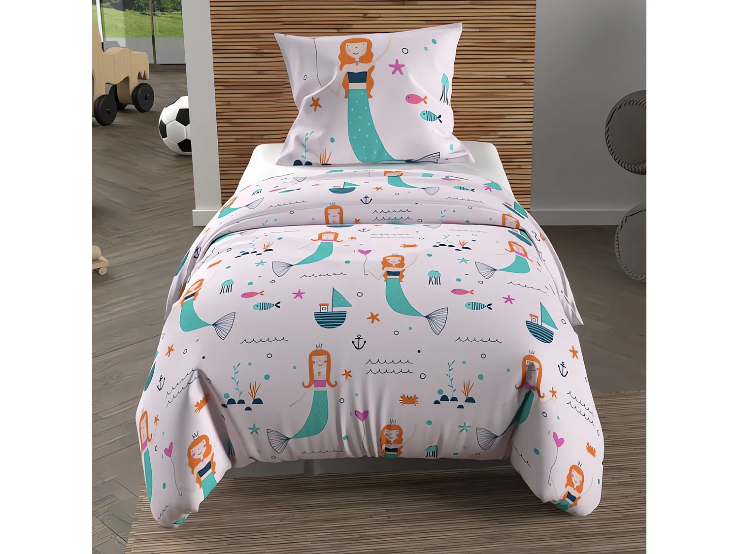 Set funda nórdica 120x150 cm SIRENES rosa, 100% algodón 57 hilos/cm2