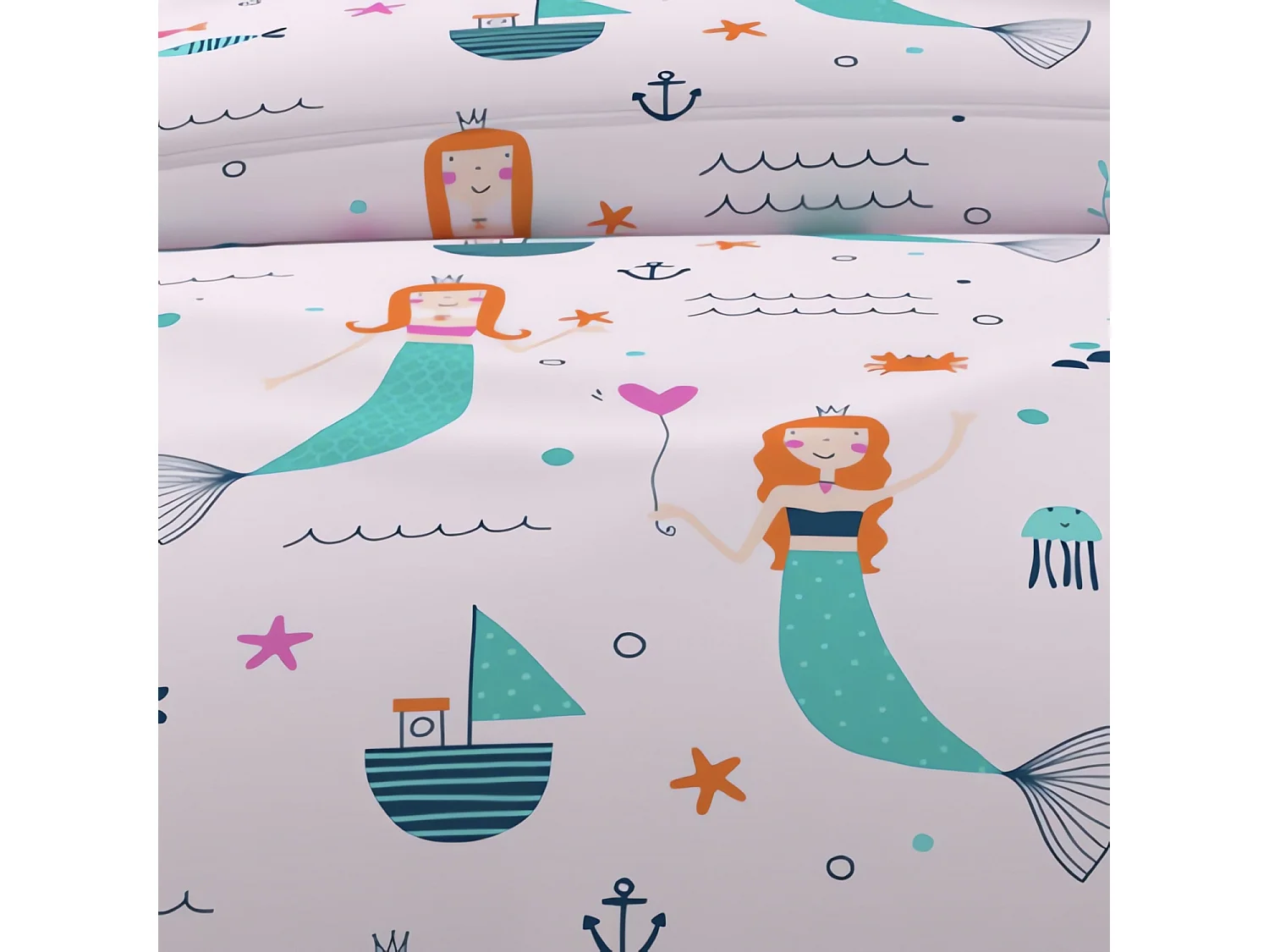 Parure housse de couette 120x150 cm SIRENES rose, 100% coton 57 fils/cm2, par Soleil d'Ocre