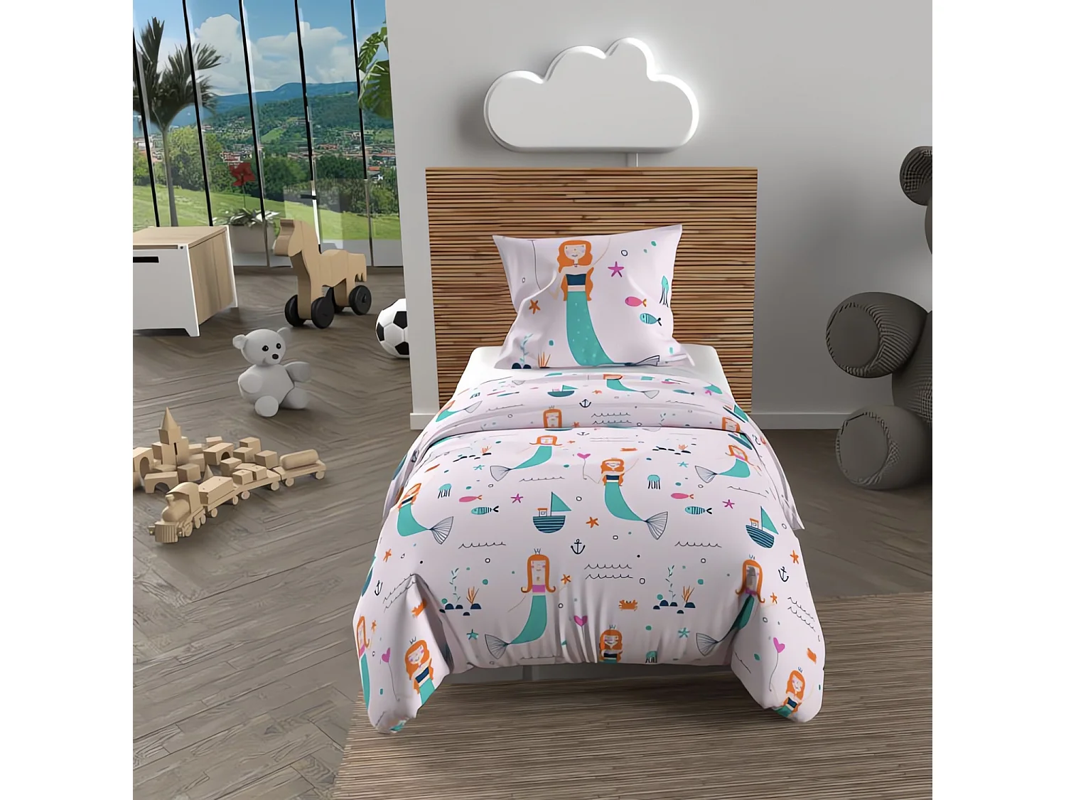 Set funda nórdica 120x150 cm SIRENES rosa, 100% algodón 57 hilos/cm2