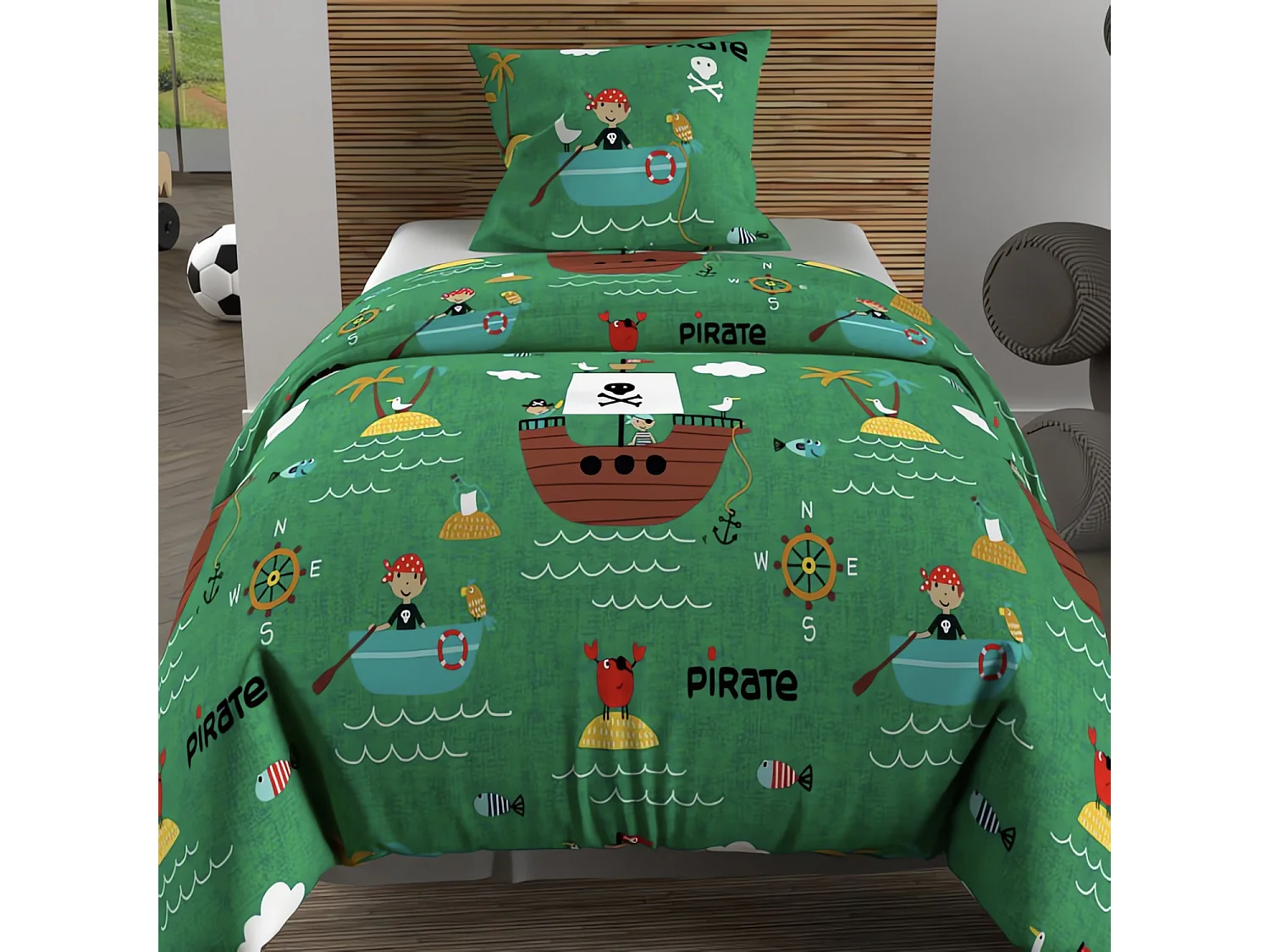 Parure housse de couette 140x200 cm PIRATES vert, 100% coton 57 fils/cm2, par Soleil d'Ocre