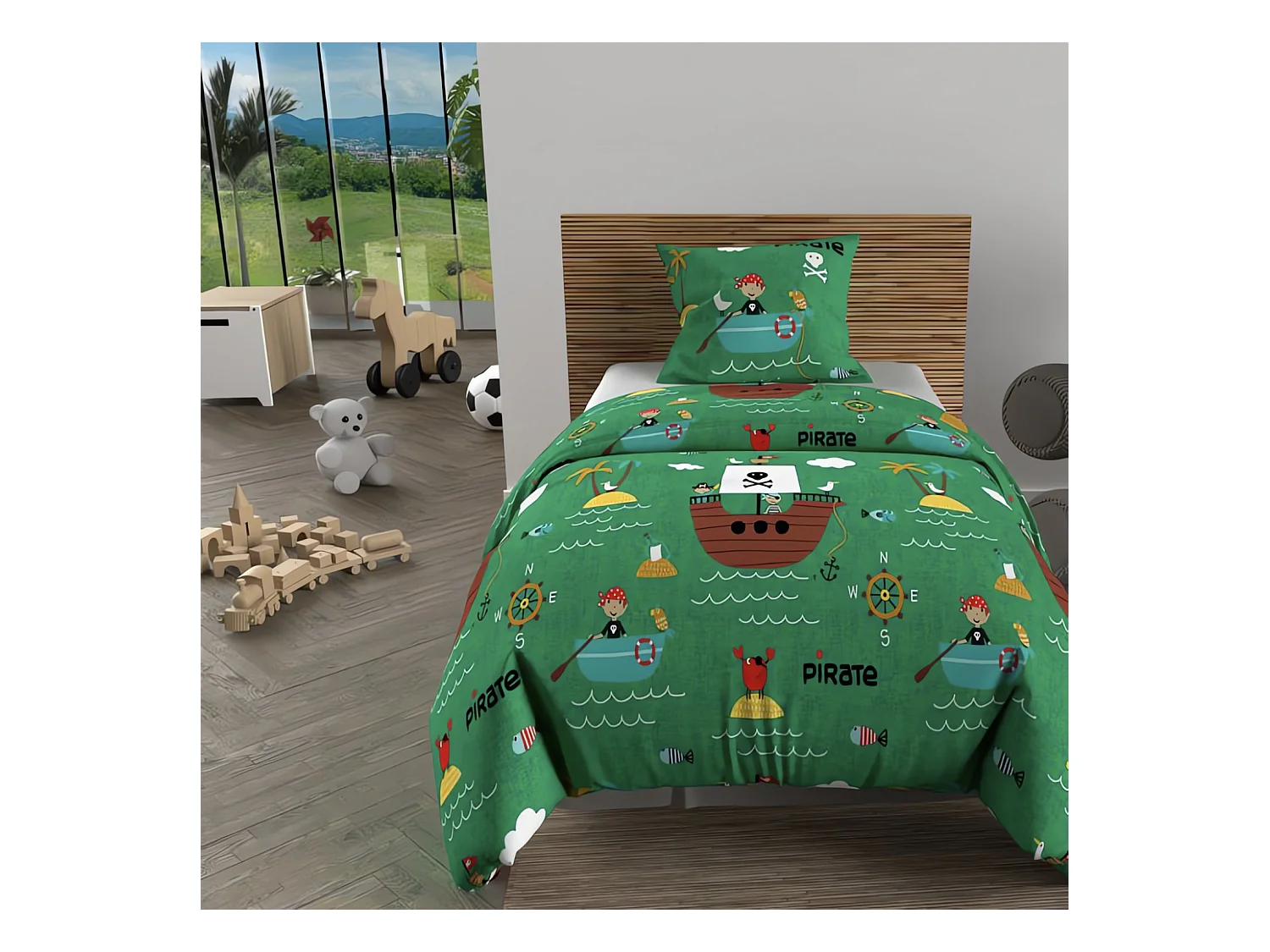 Parure housse de couette 140x200 cm PIRATES vert, 100% coton 57 fils/cm2, par Soleil d'Ocre