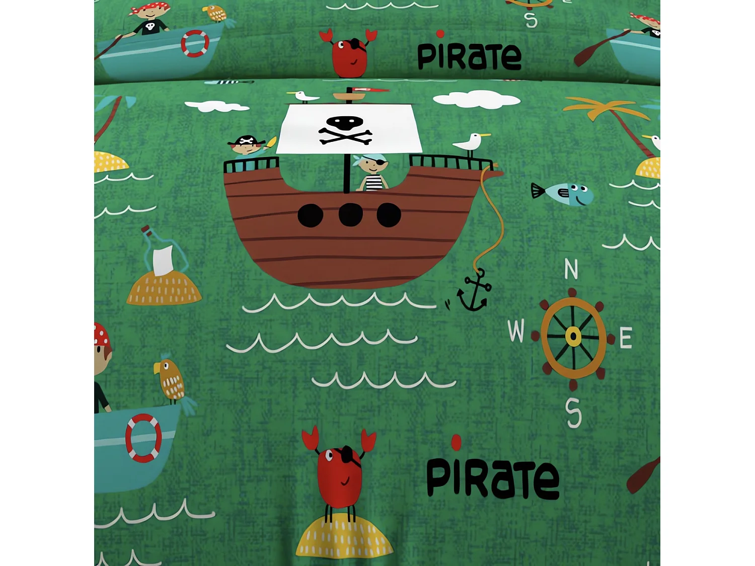 Parure housse de couette 140x200 cm PIRATES vert, 100% coton 57 fils/cm2, par Soleil d'Ocre