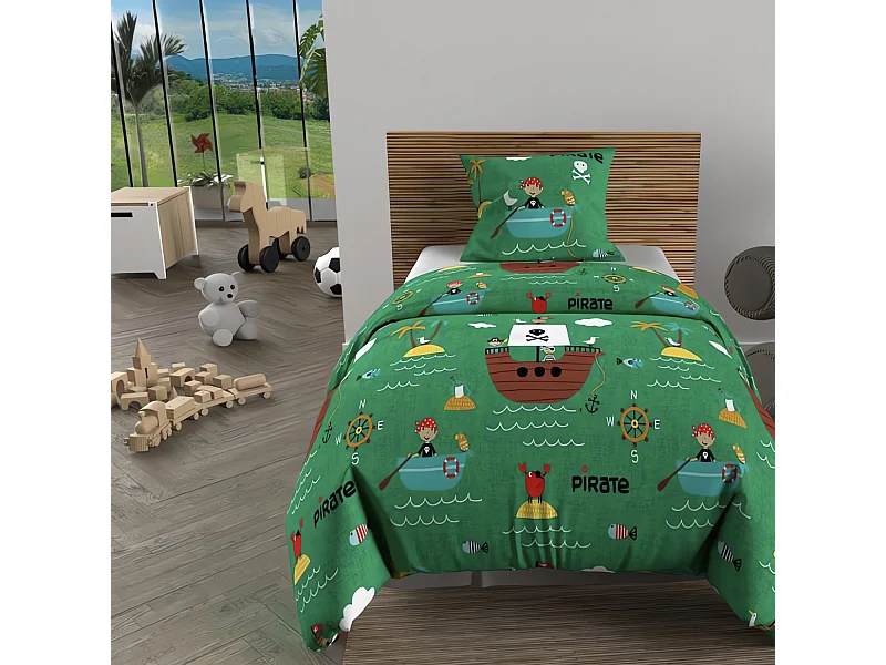 Set funda nórdica 140x200 cm Piratas verde, 100% algodón 57 hilos/cm2