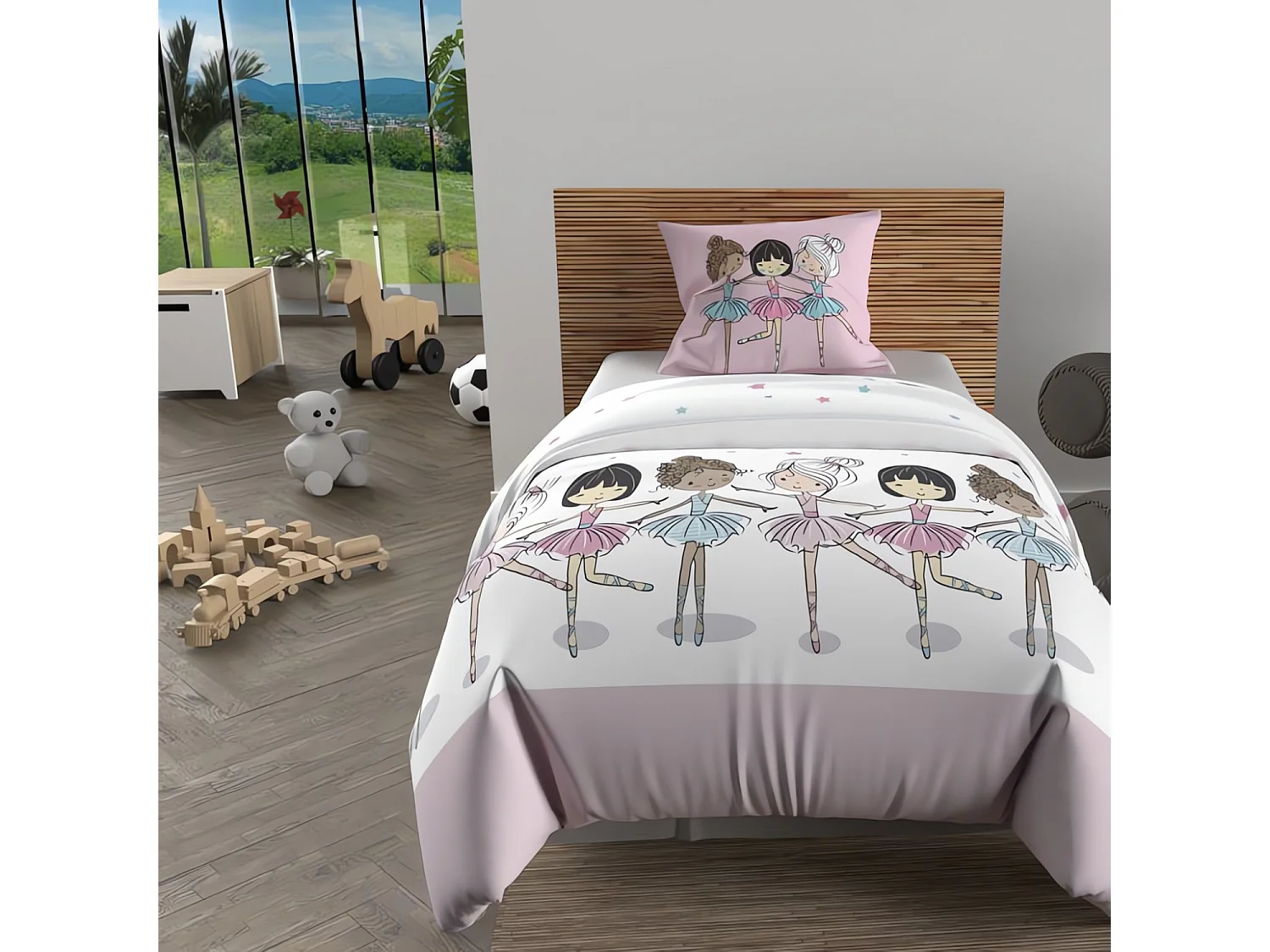 Parure housse de couette 140x200 cm DANSEUSES rose, 100% coton 57 fils/cm2, par Soleil d'Ocre