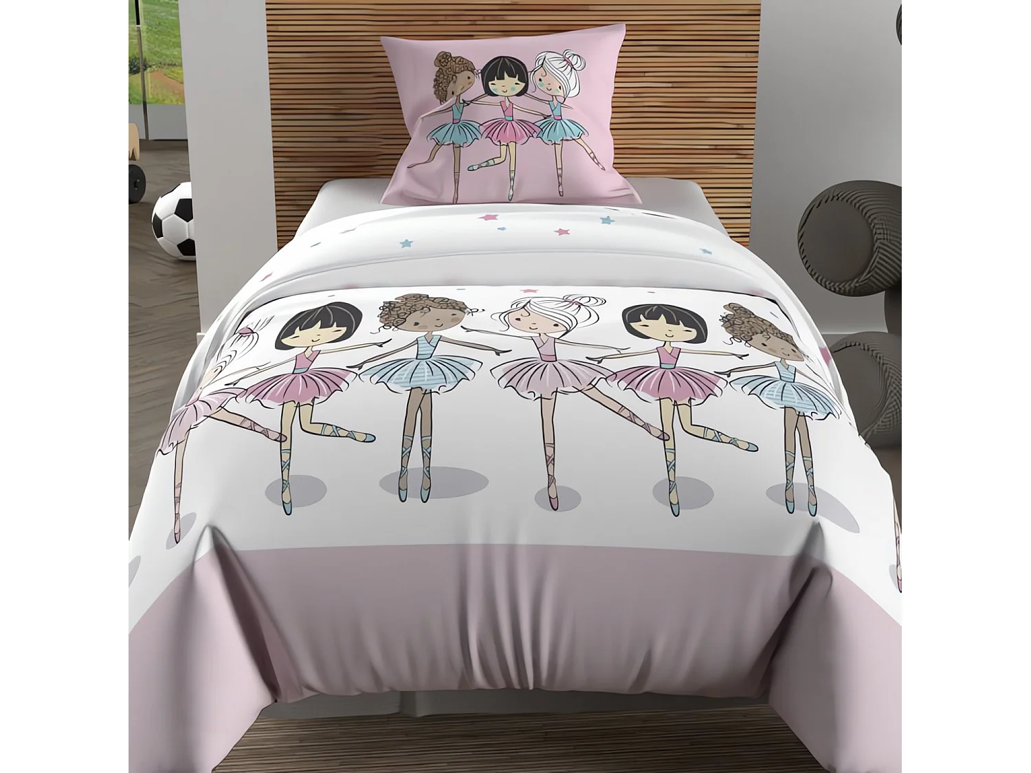 Parure housse de couette 140x200 cm DANSEUSES rose, 100% coton 57 fils/cm2, par Soleil d'Ocre