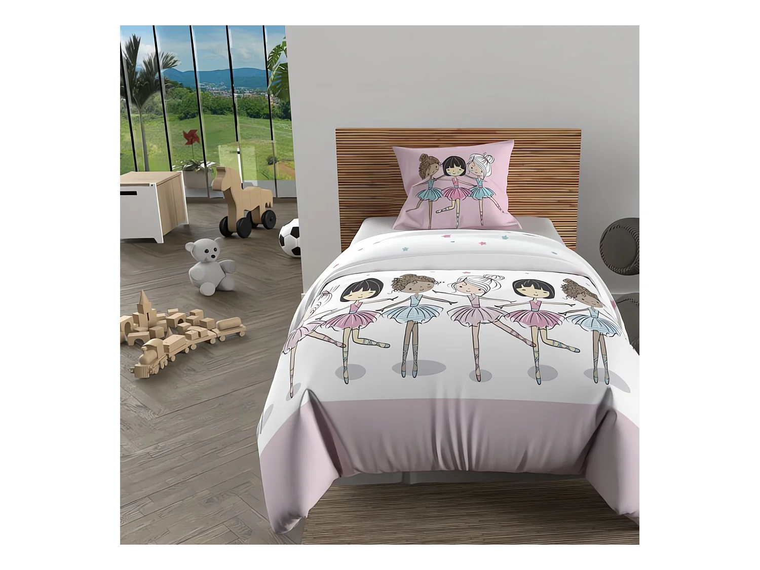 Parure housse de couette 140x200 cm DANSEUSES rose, 100% coton 57 fils/cm2, par Soleil d'Ocre