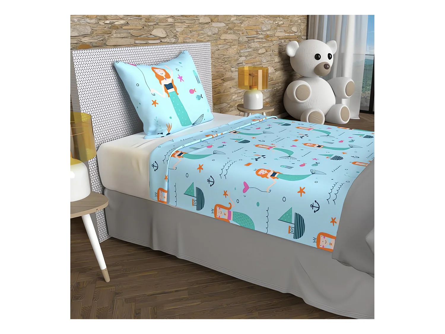 Parure de draps 180x290 cm SIRENES bleu, 100% coton 57 fils/cm2, par Soleil d'Ocre