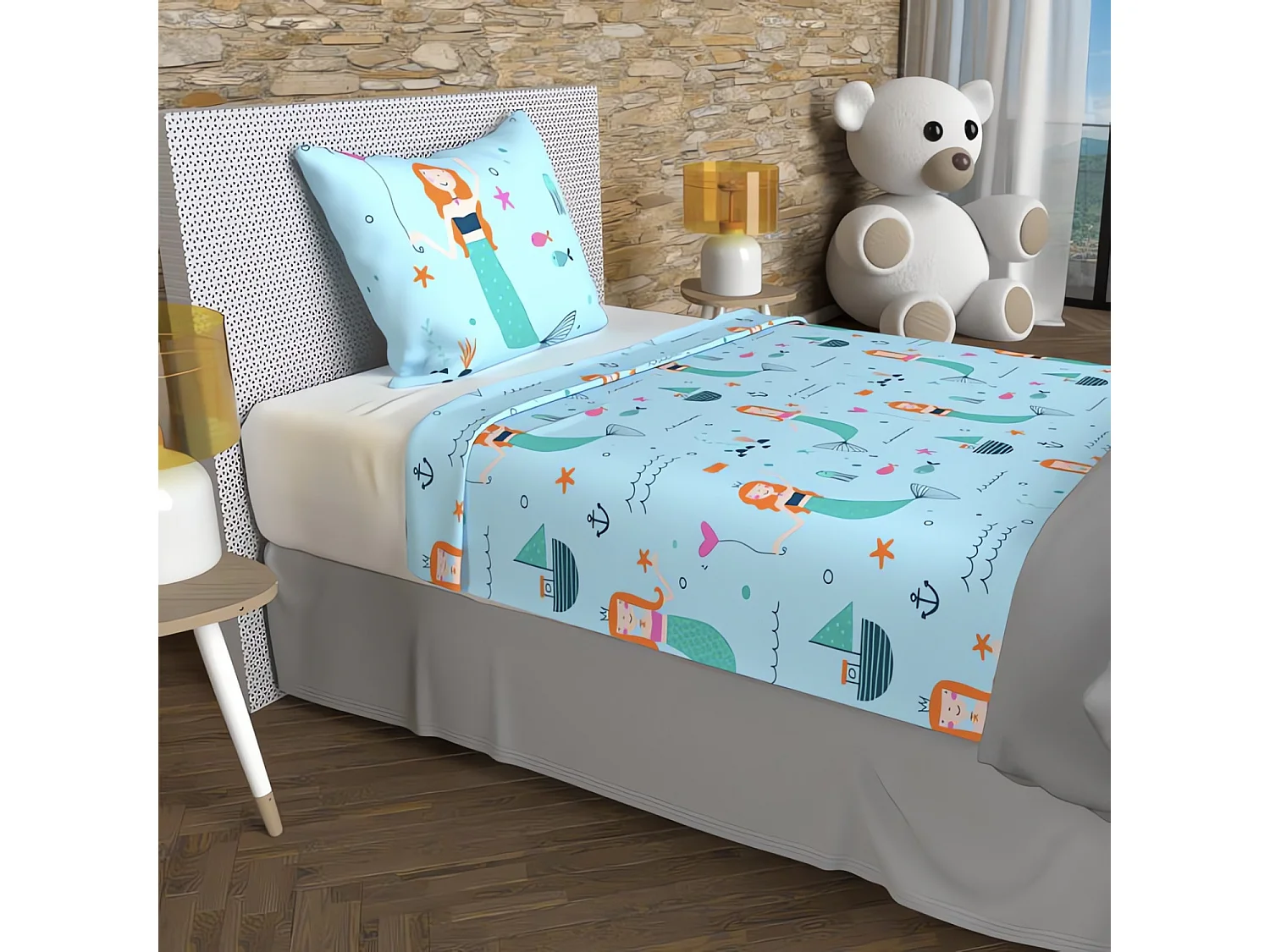 Set de sábanas 180x290 cm SIRENES azul, 100% algodón 57 hilos/cm2