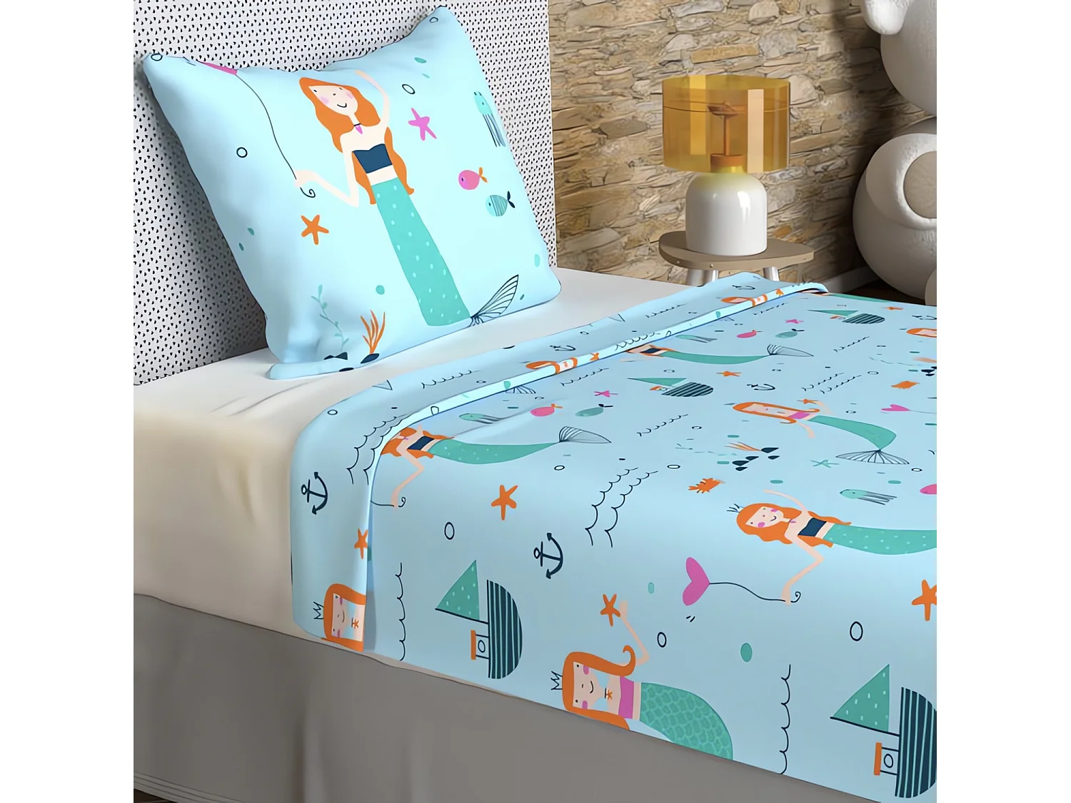 Set de sábanas 180x290 cm SIRENES azul, 100% algodón 57 hilos/cm2