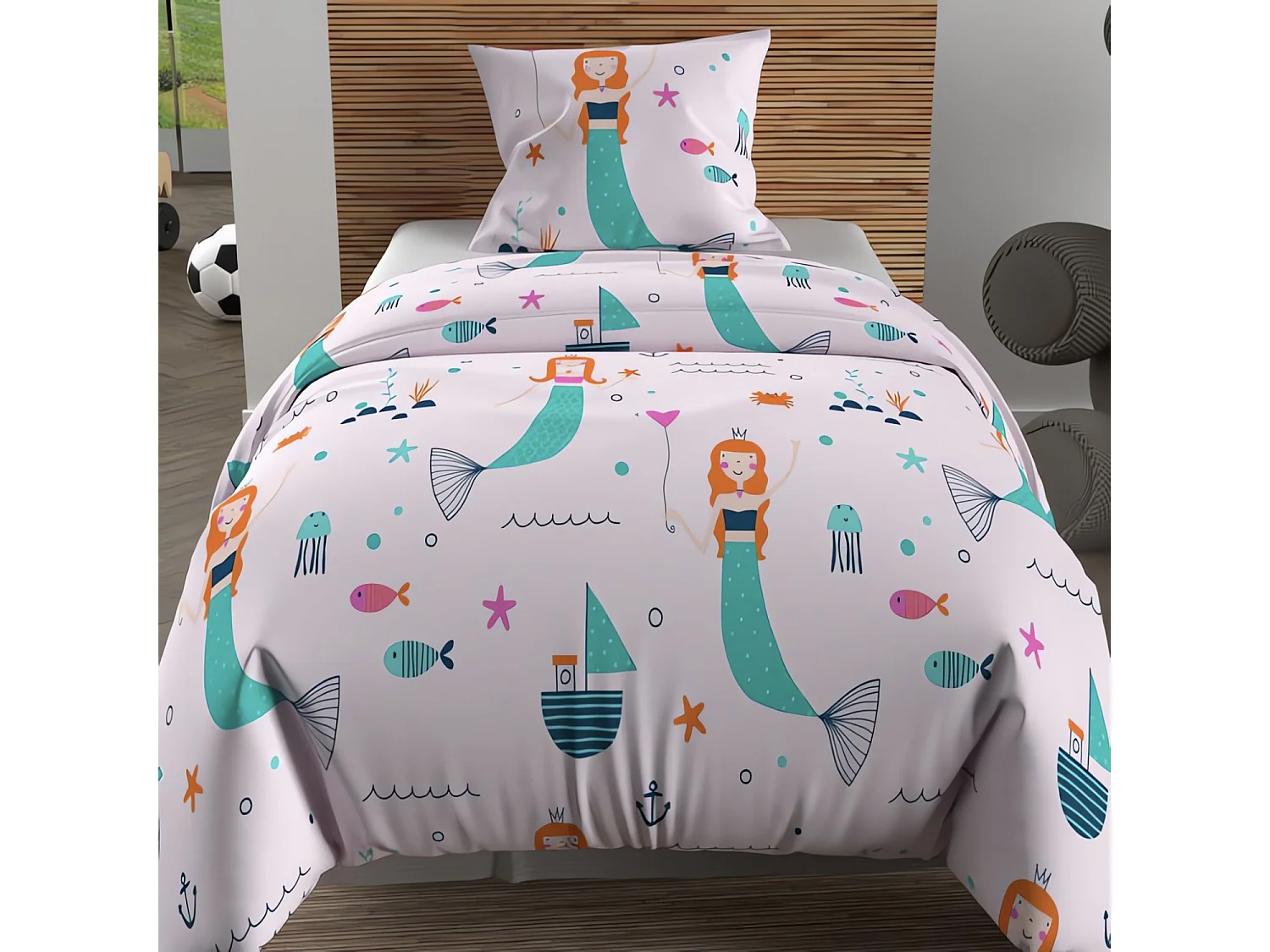 Set funda nórdica 140x200 cm SIRENES rosa, 100% algodón 57 hilos/cm2