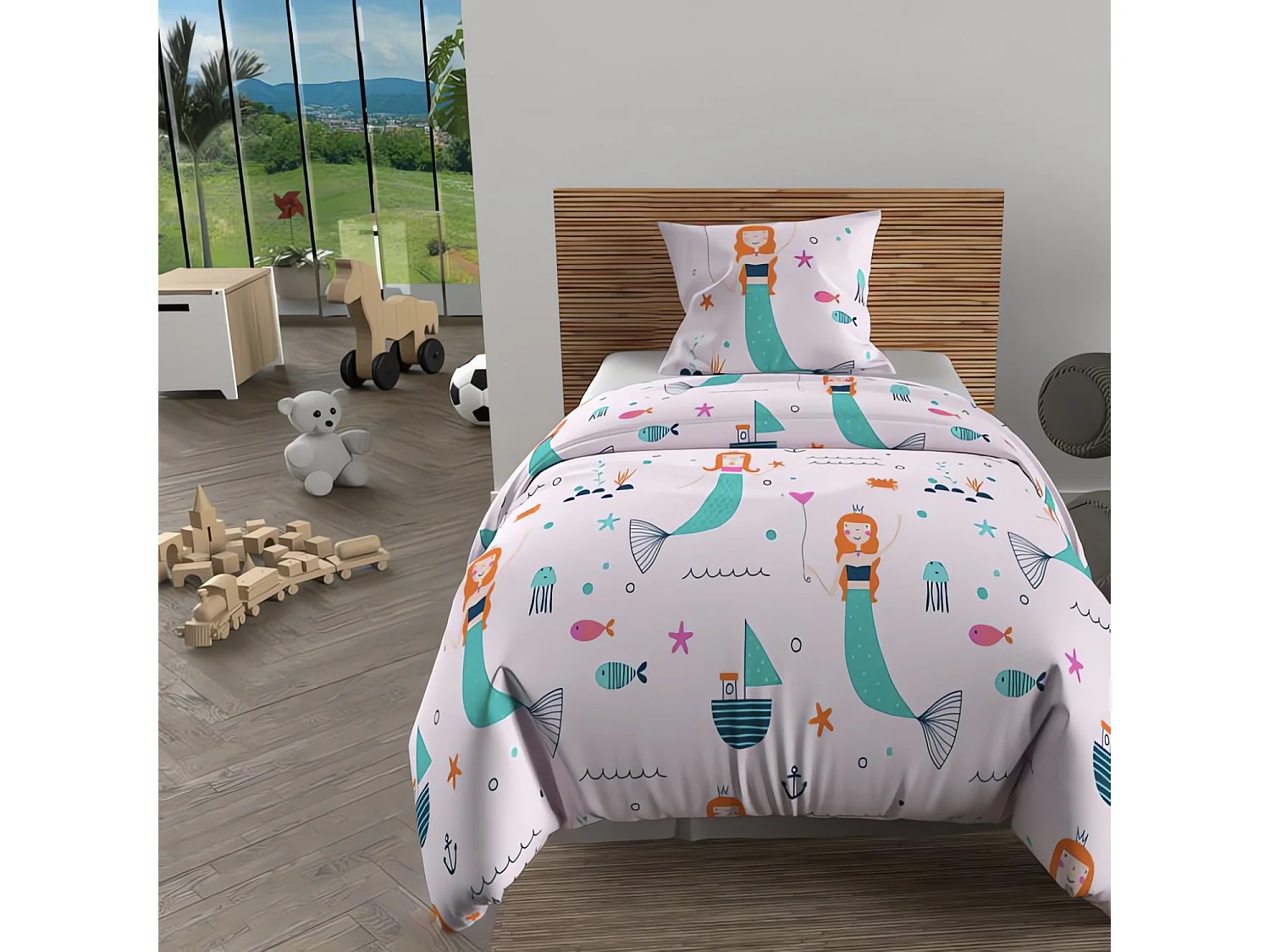 Parure housse de couette 140x200 cm SIRENES rose, 100% coton 57 fils/cm2, par Soleil d'Ocre