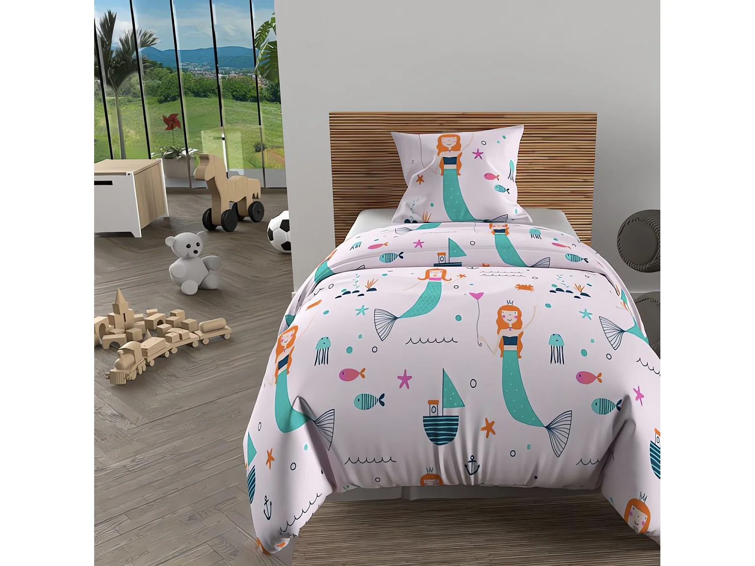 Set funda nórdica 140x200 cm SIRENES rosa, 100% algodón 57 hilos/cm2