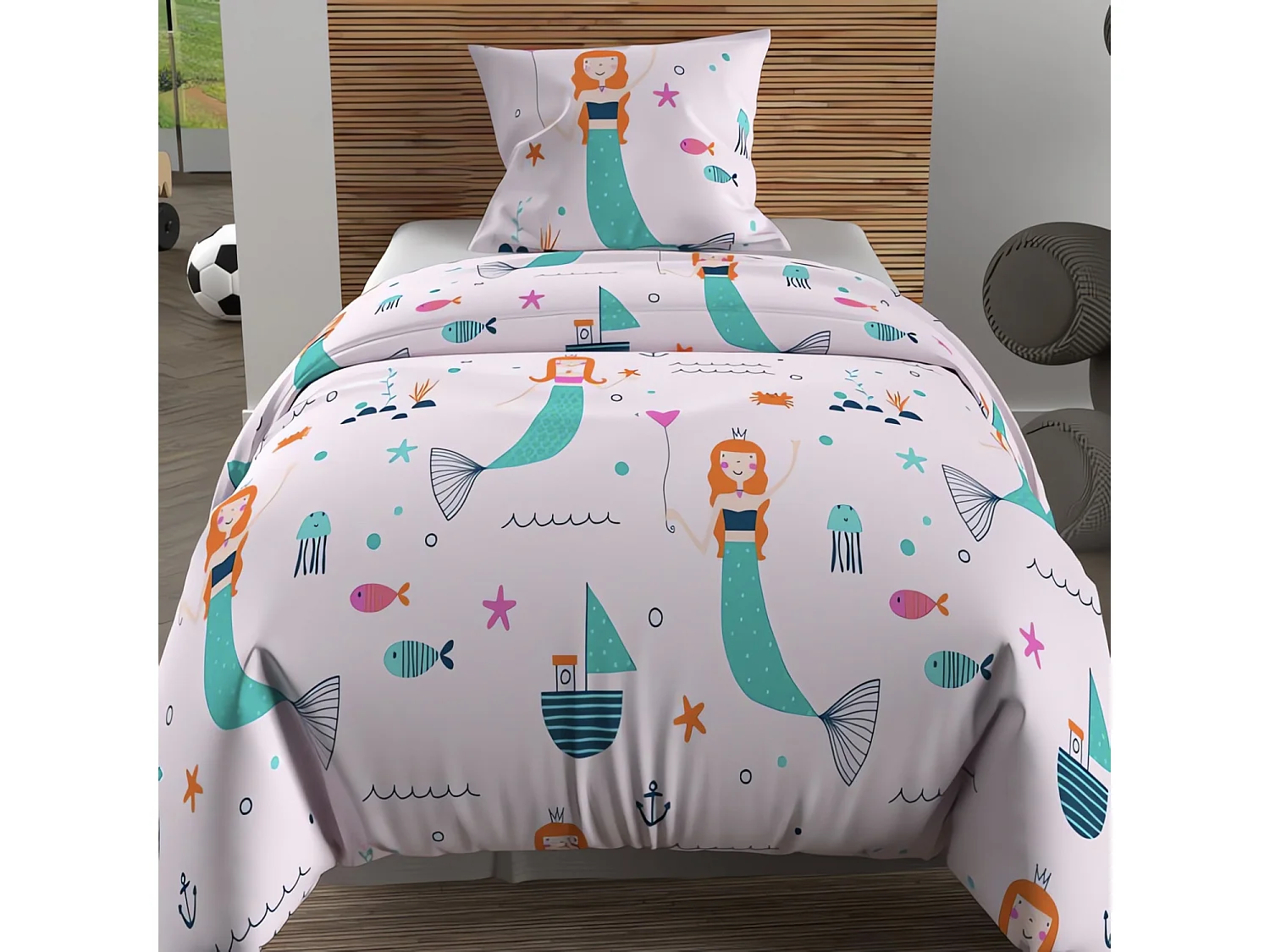 Set funda nórdica 140x200 cm SIRENES rosa, 100% algodón 57 hilos/cm2