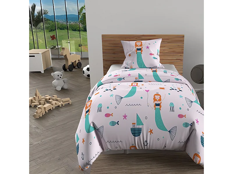 Set funda nórdica 140x200 cm SIRENES rosa, 100% algodón 57 hilos/cm2