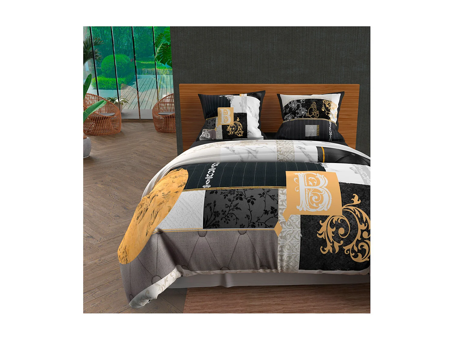 Parure housse de couette dessin placé 240X220 cm WILLIAM, 100% coton 57 fils/cm2