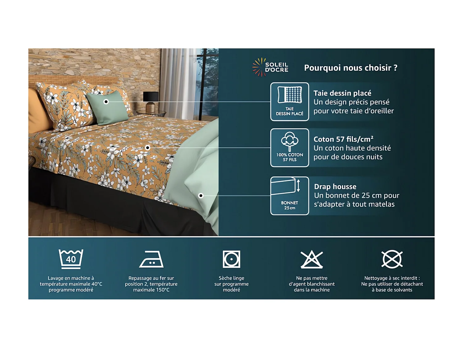 Parure de draps coton 57 fils 260x300 cm ESMERALDA marine, par Soleil d'ocre