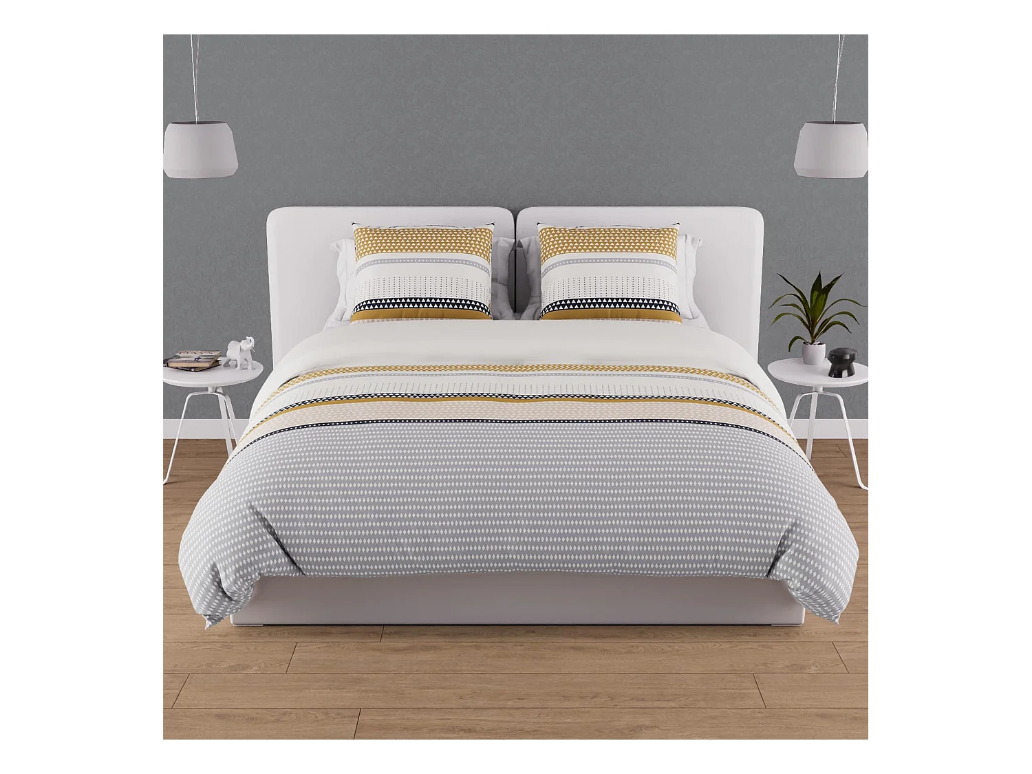 Parure housse de couette en coton 57 fils 260x240 cm THALES moutarde, par Soleil d'ocre