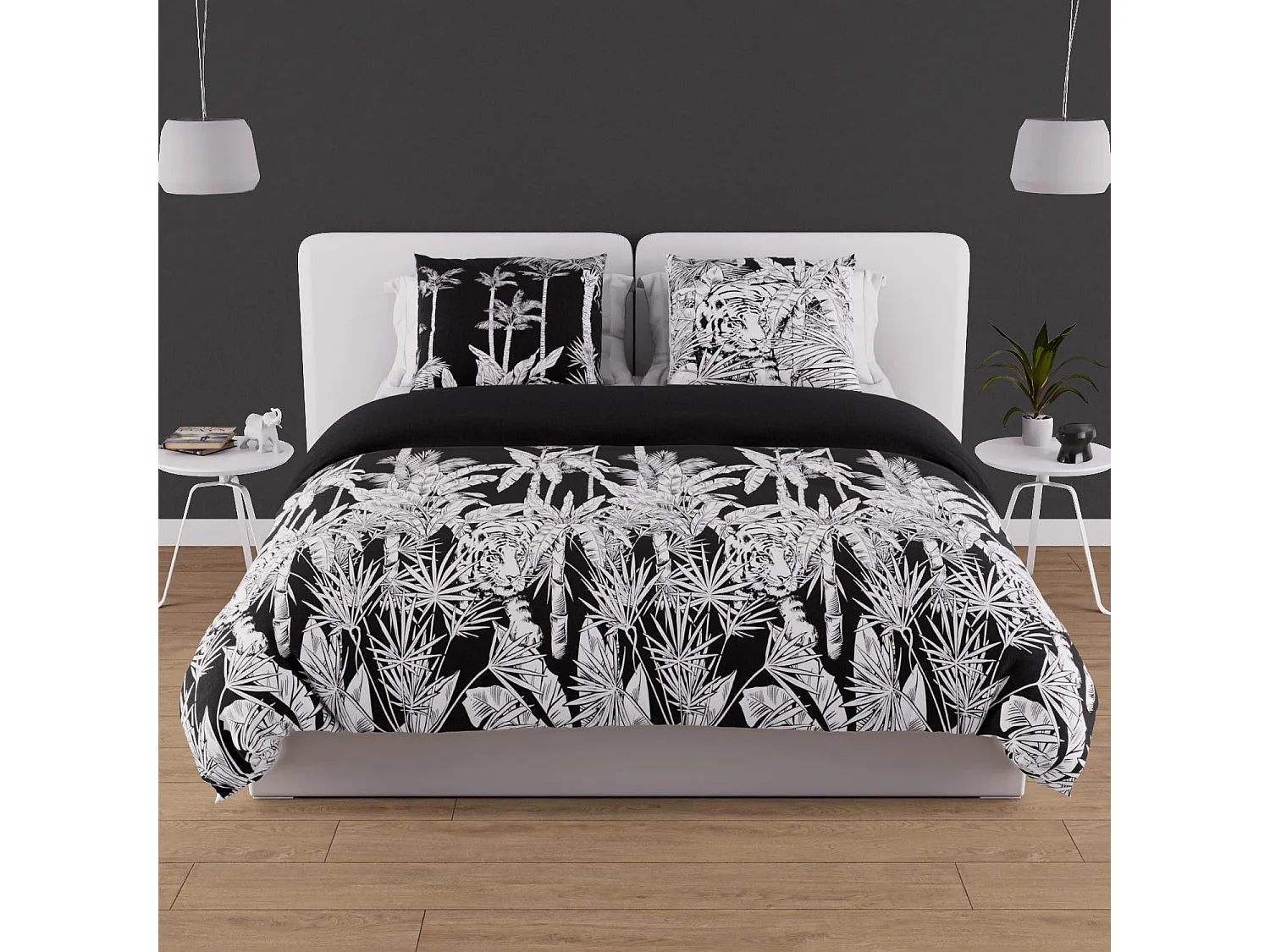 Parure housse de couette en coton 57 fils 240x220 cm TIGRE noir, par Soleil d'ocre