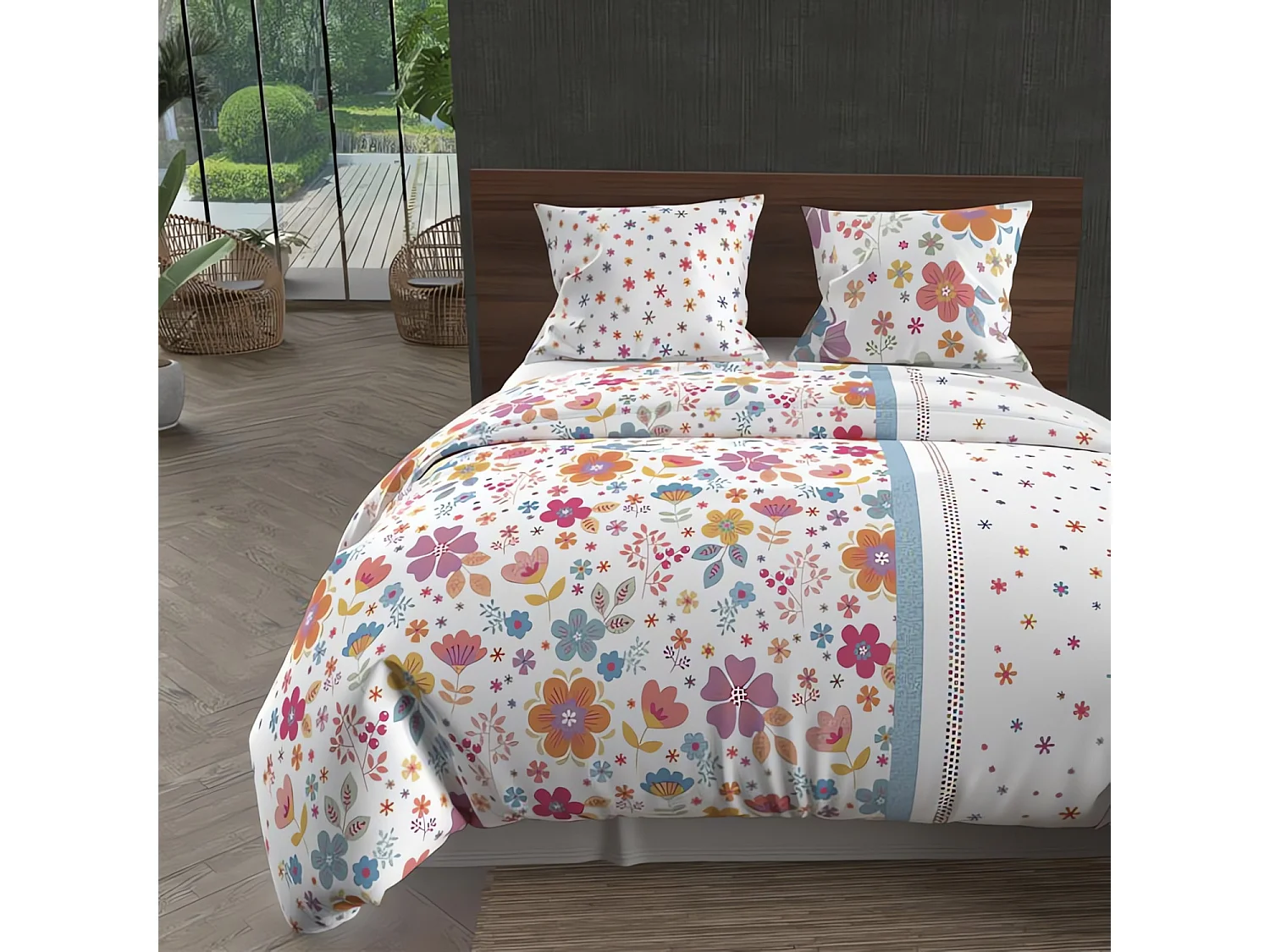 Parure housse de couette microfibre 240x220 cm FLORA blanc, par Intemporel