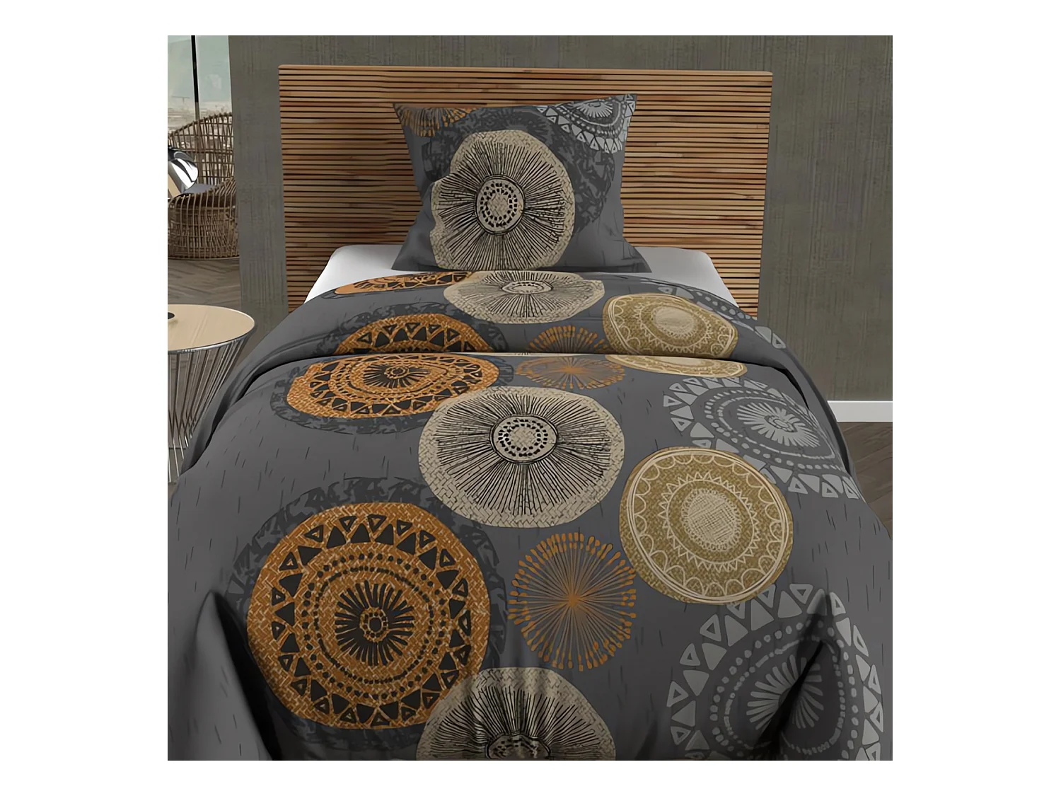 Parure housse de couette coton 57 fils 140x200 cm MASSAI gris, par Soleil d'Ocre