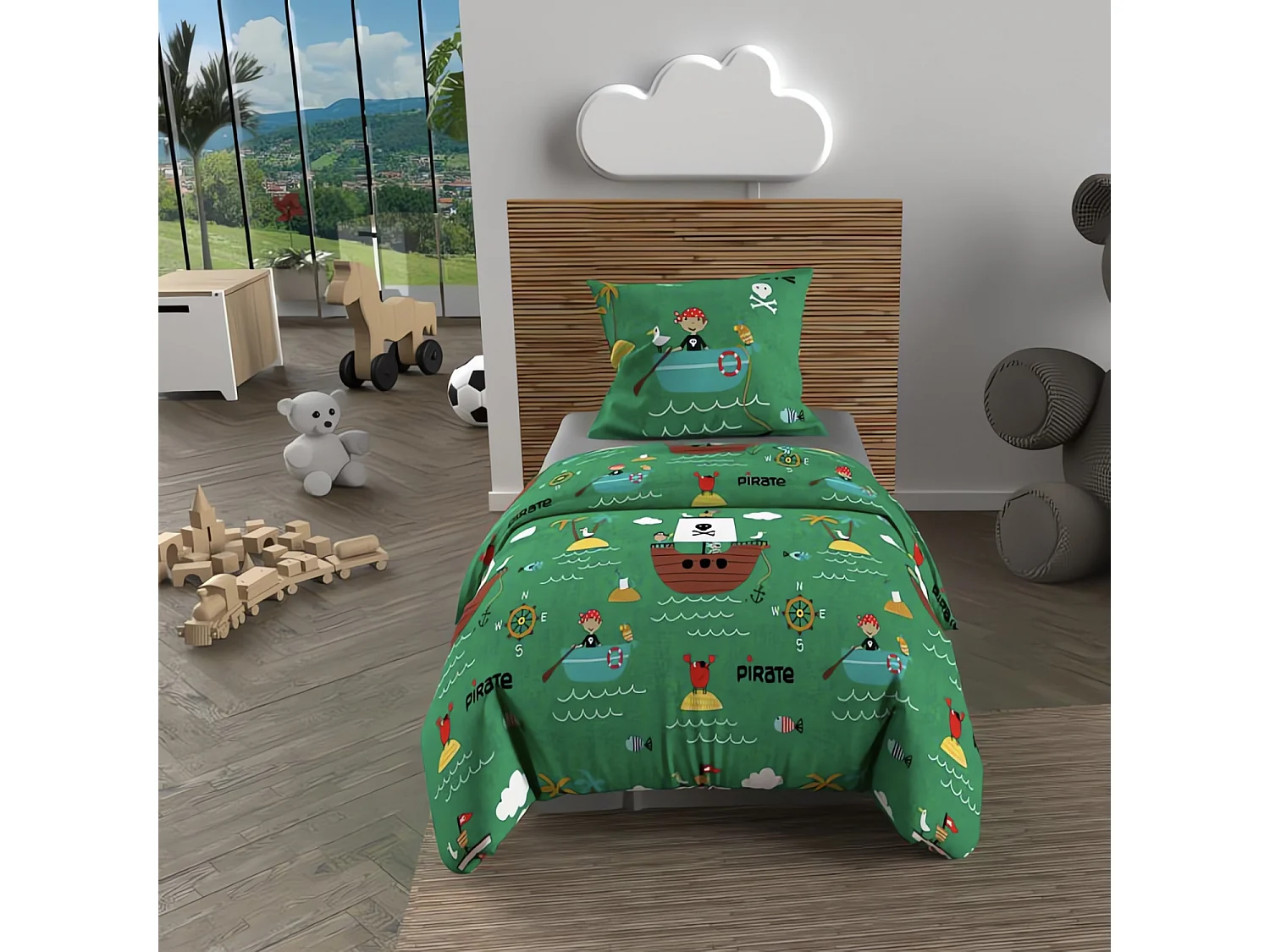 Set funda nórdica 120x150 cm PIRATAS verde, 100% algodón 57 hilos/cm2