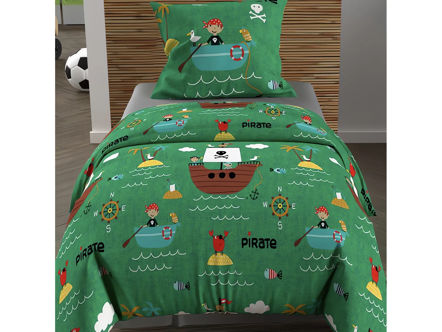 Set funda nórdica 120x150 cm PIRATAS verde, 100% algodón 57 hilos/cm2