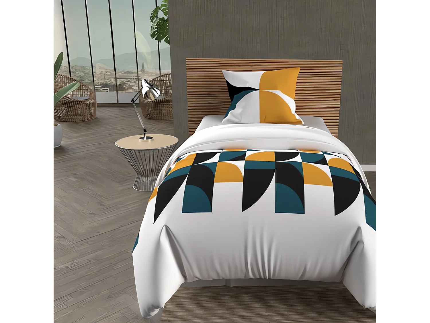 Parure housse de couette microfibre 140X200 cm RETRO moutarde, par Intemporel