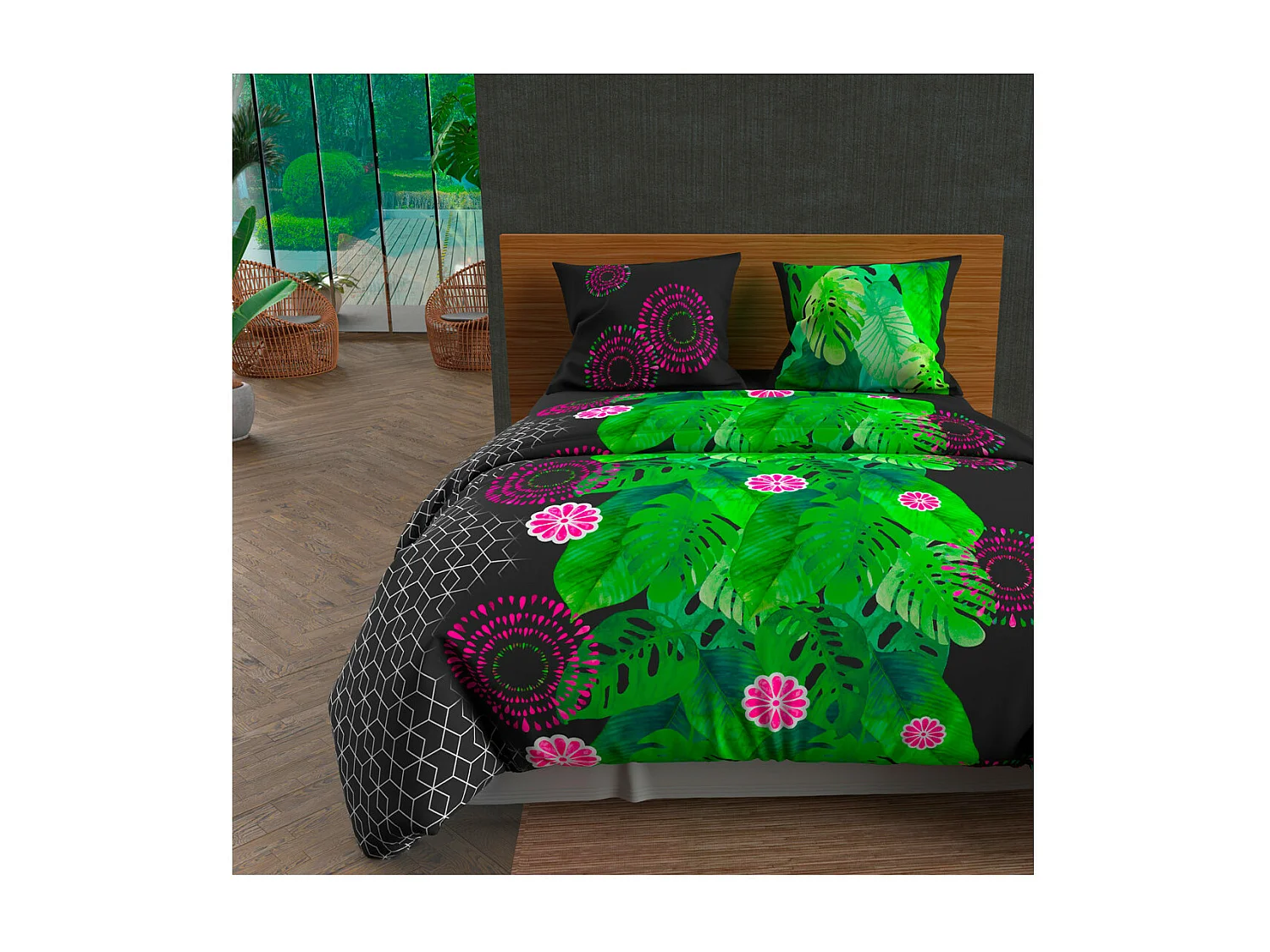 Parure housse de couette 260x240 cm en coton 57 Fils TAHITI anthracite, par Soleil d'ocre