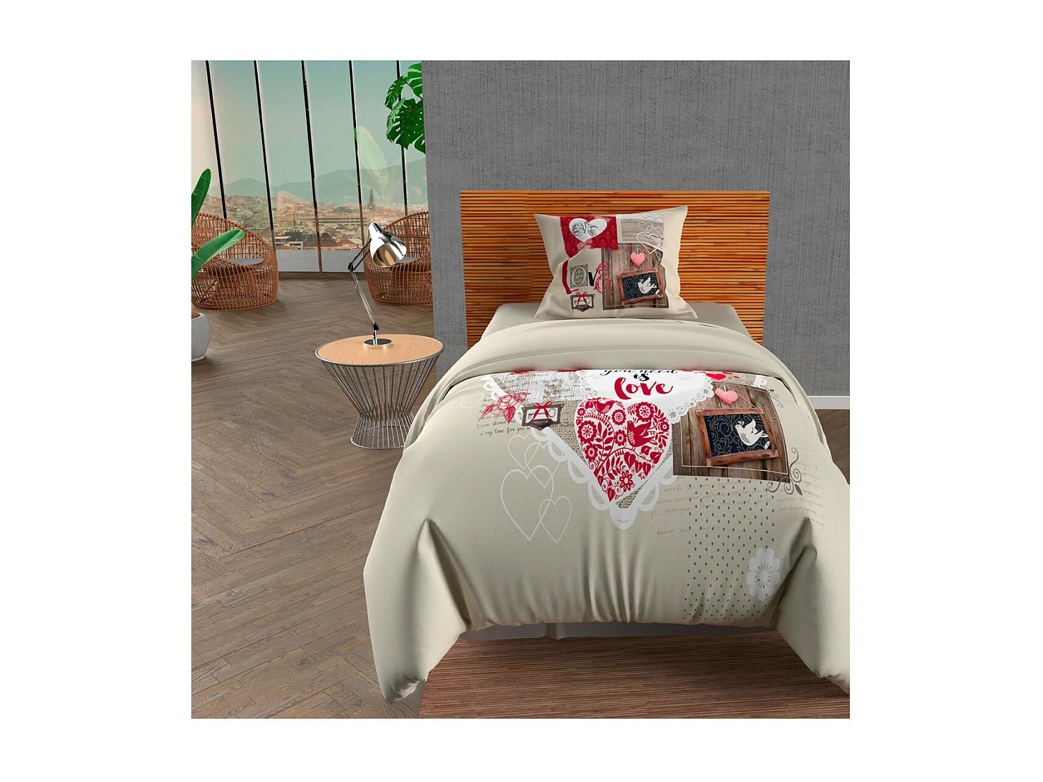 Set funda nórdica de algodón 57 Hilos 140x200 cm CORAZÓN DE INVIERNO