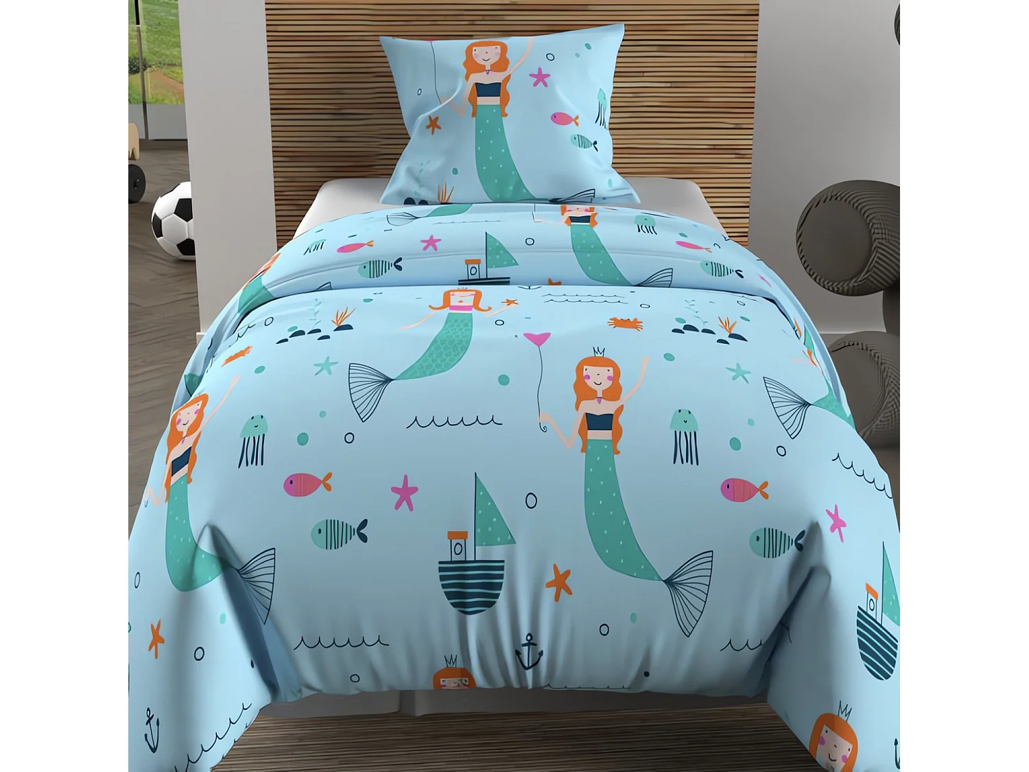 Set funda nórdica 140x200 cm SIRENES azul, 100% algodón 57 hilos/cm2