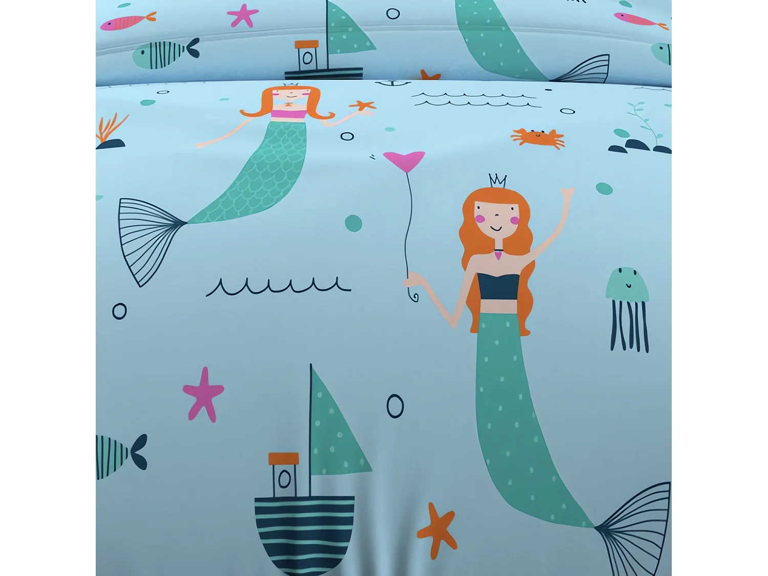 Set funda nórdica 140x200 cm SIRENES azul, 100% algodón 57 hilos/cm2