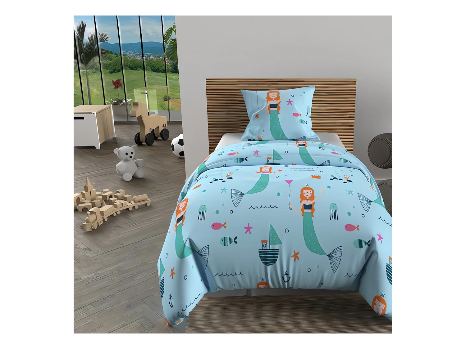 Parure housse de couette 140x200 cm SIRENES bleu, 100% coton 57 fils/cm2, par Soleil d'Ocre