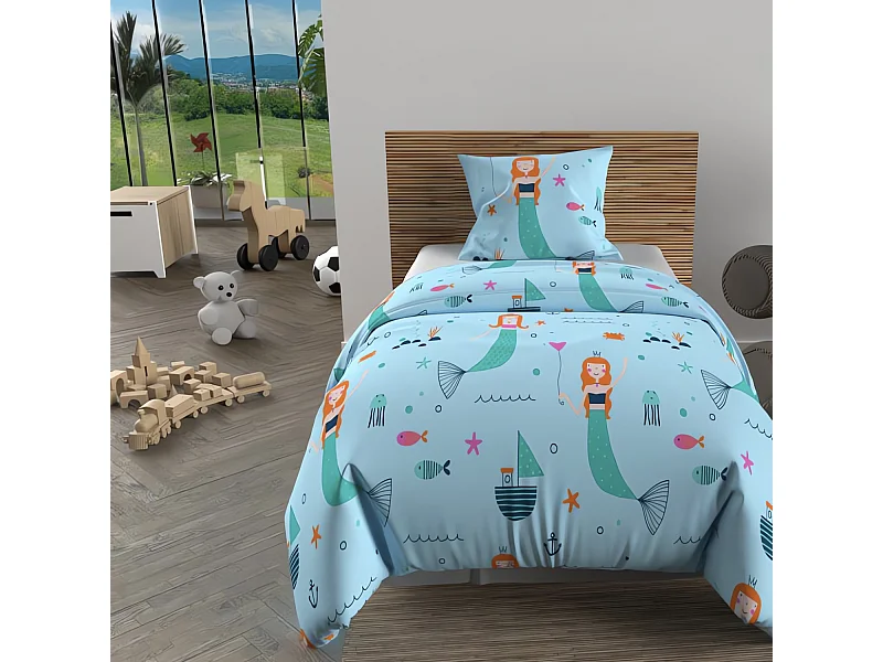 Set funda nórdica 140x200 cm SIRENES azul, 100% algodón 57 hilos/cm2
