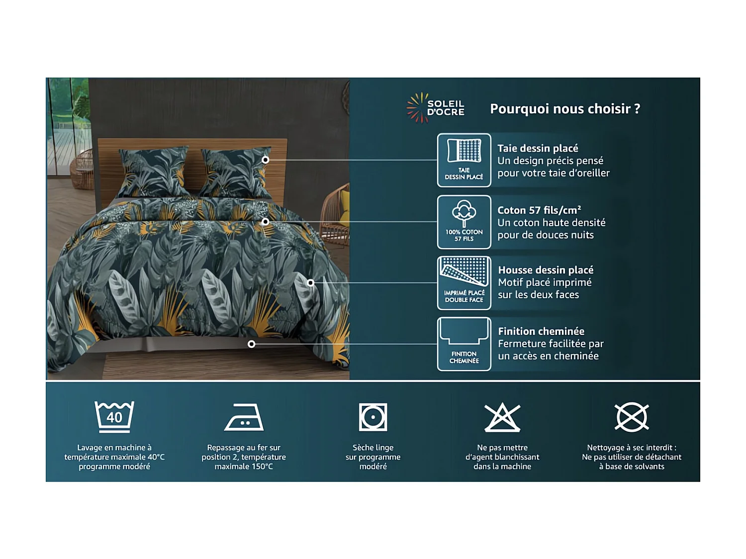 Parure housse de couette en coton 57 fils 260x240 cm TROPIC vert, par Soleil d'ocre