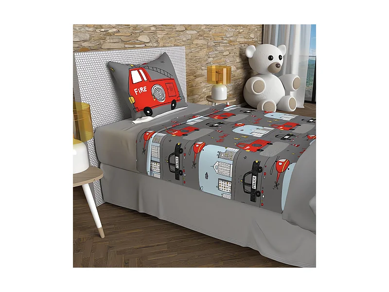 Parure de draps 180x290 cm POMPIERS gris, 100% coton 57 fils/cm2, par Soleil d'Ocre