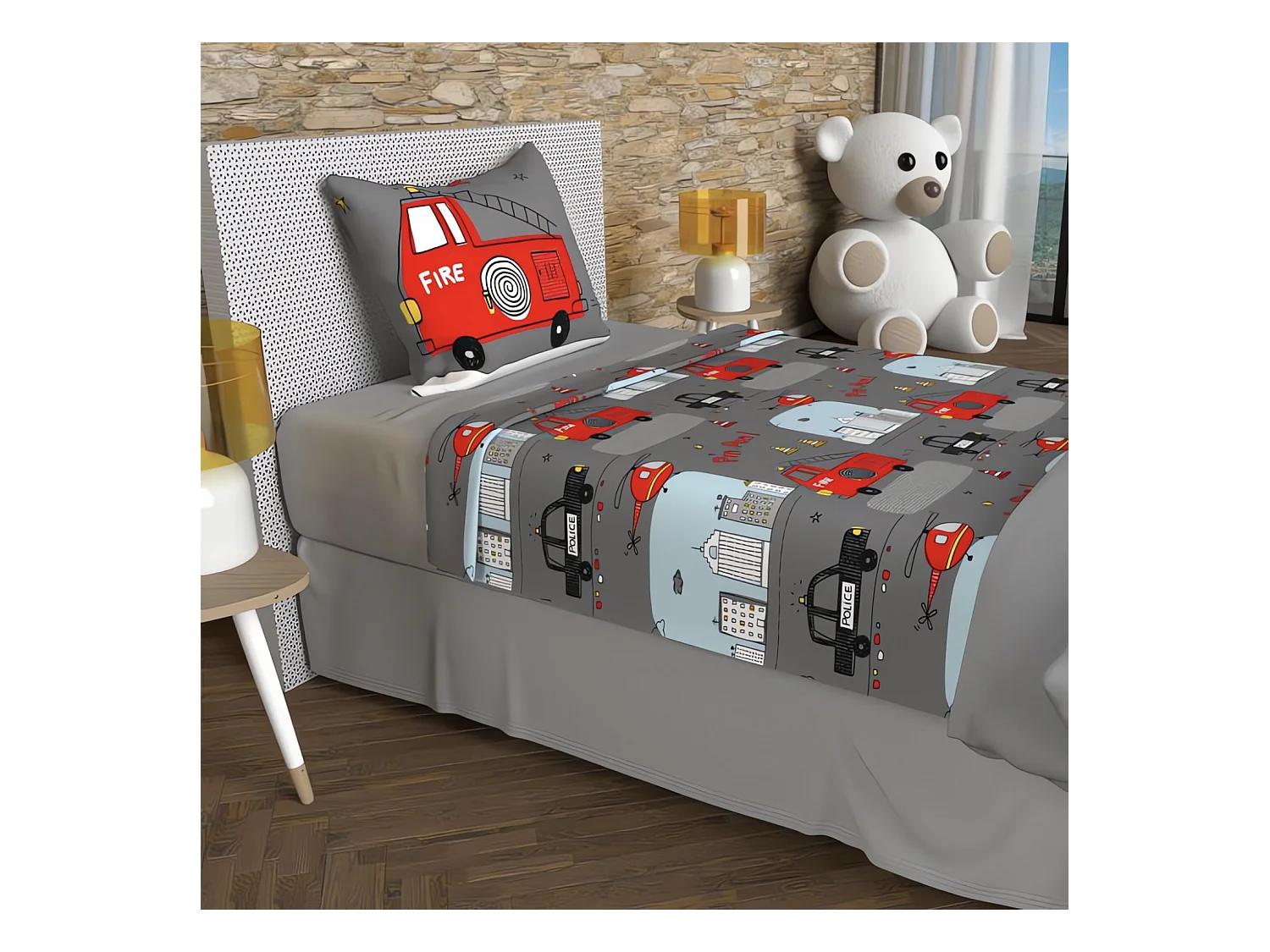 Parure de draps 180x290 cm POMPIERS gris, 100% coton 57 fils/cm2, par Soleil d'Ocre