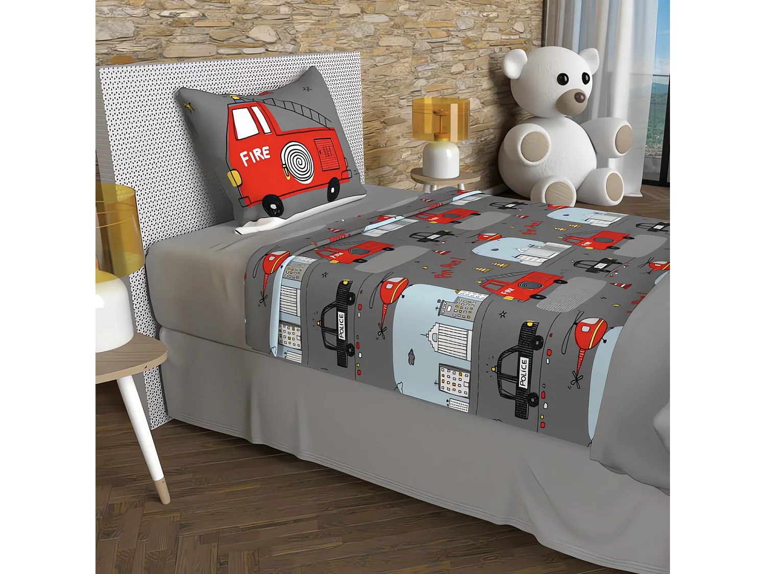 Parure de draps 180x290 cm POMPIERS gris, 100% coton 57 fils/cm2, par Soleil d'Ocre