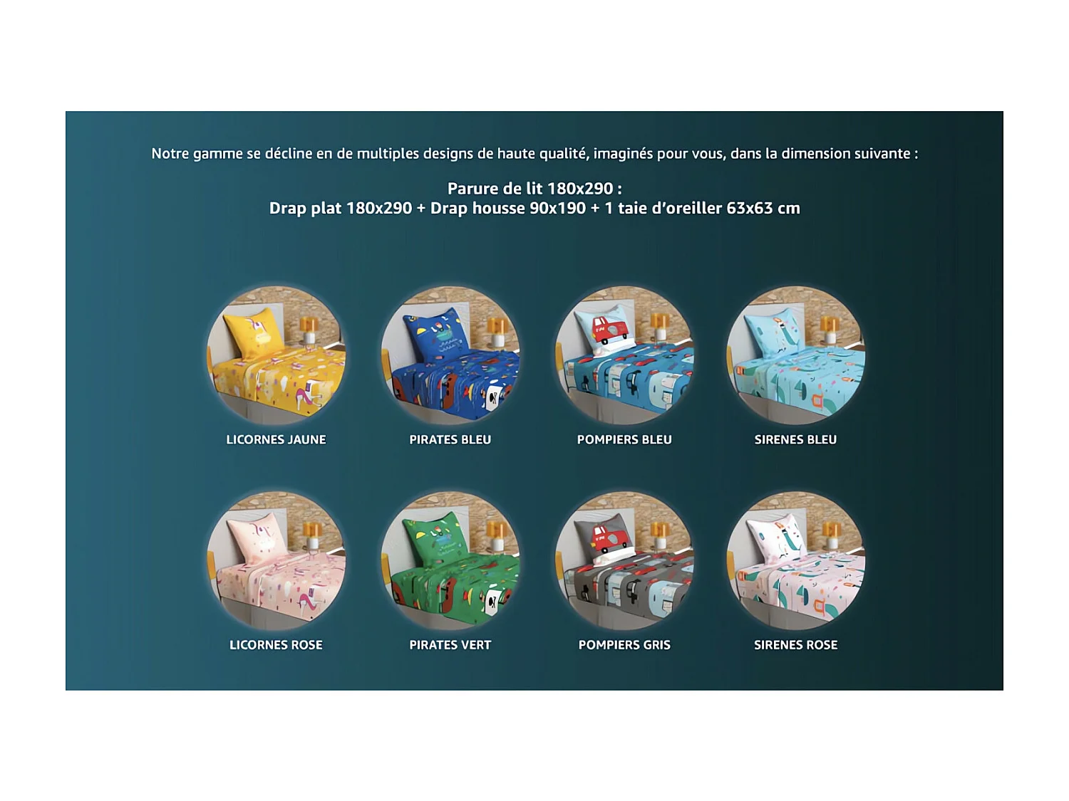 Parure de draps 180x290 cm POMPIERS gris, 100% coton 57 fils/cm2, par Soleil d'Ocre