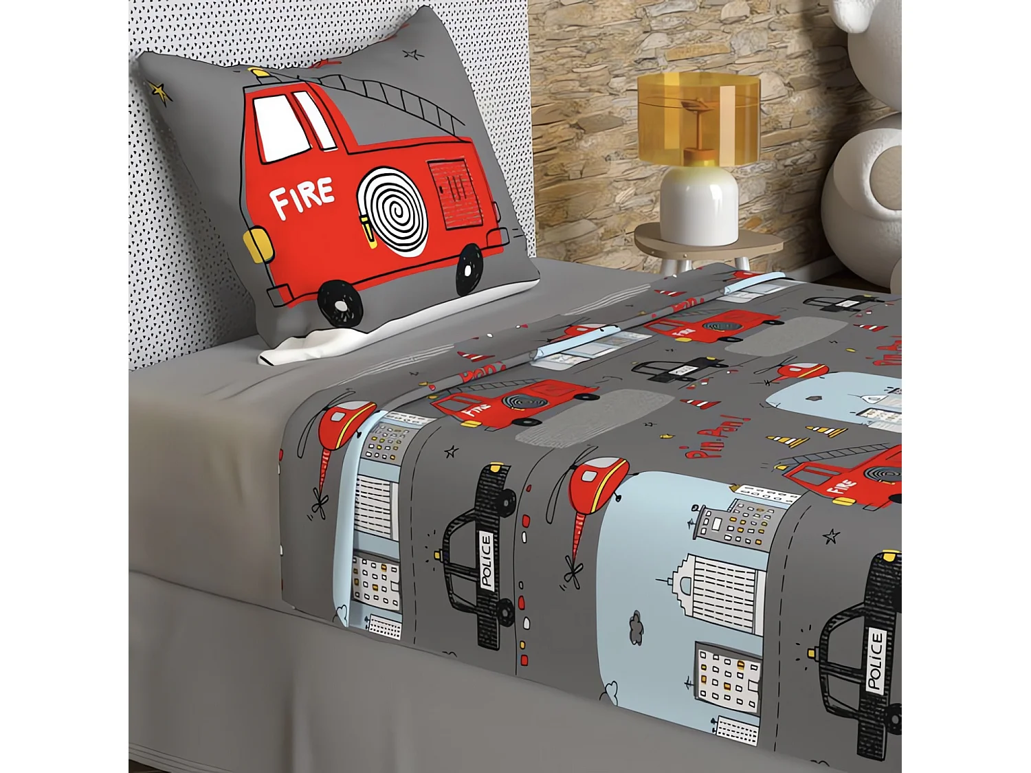 Parure de draps 180x290 cm POMPIERS gris, 100% coton 57 fils/cm2, par Soleil d'Ocre