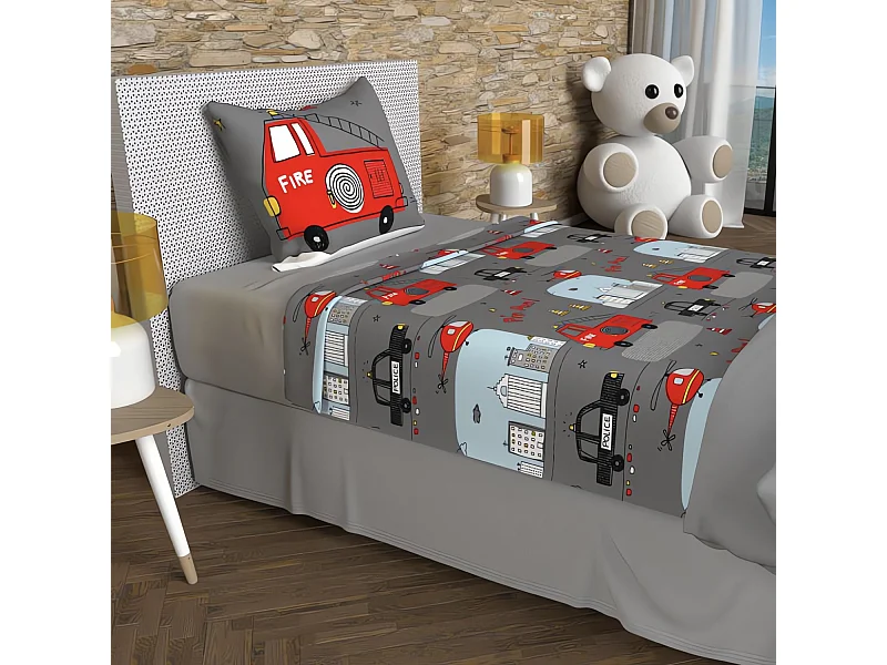 Parure de draps 180x290 cm POMPIERS gris, 100% coton 57 fils/cm2, par Soleil d'Ocre